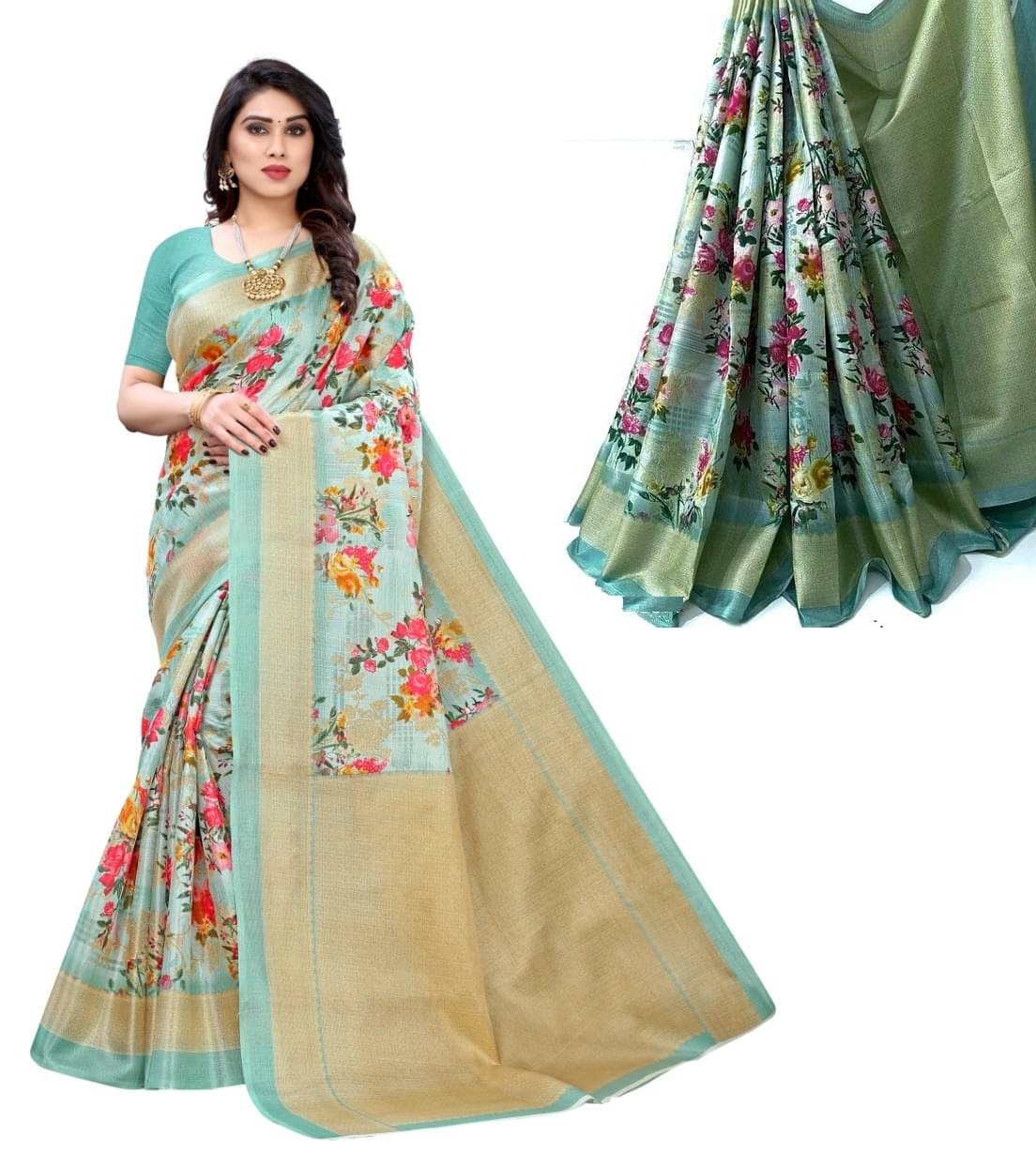     			Maayro Mysore Silk Printed Saree With Unstitched Blouse Piece ( Rama )