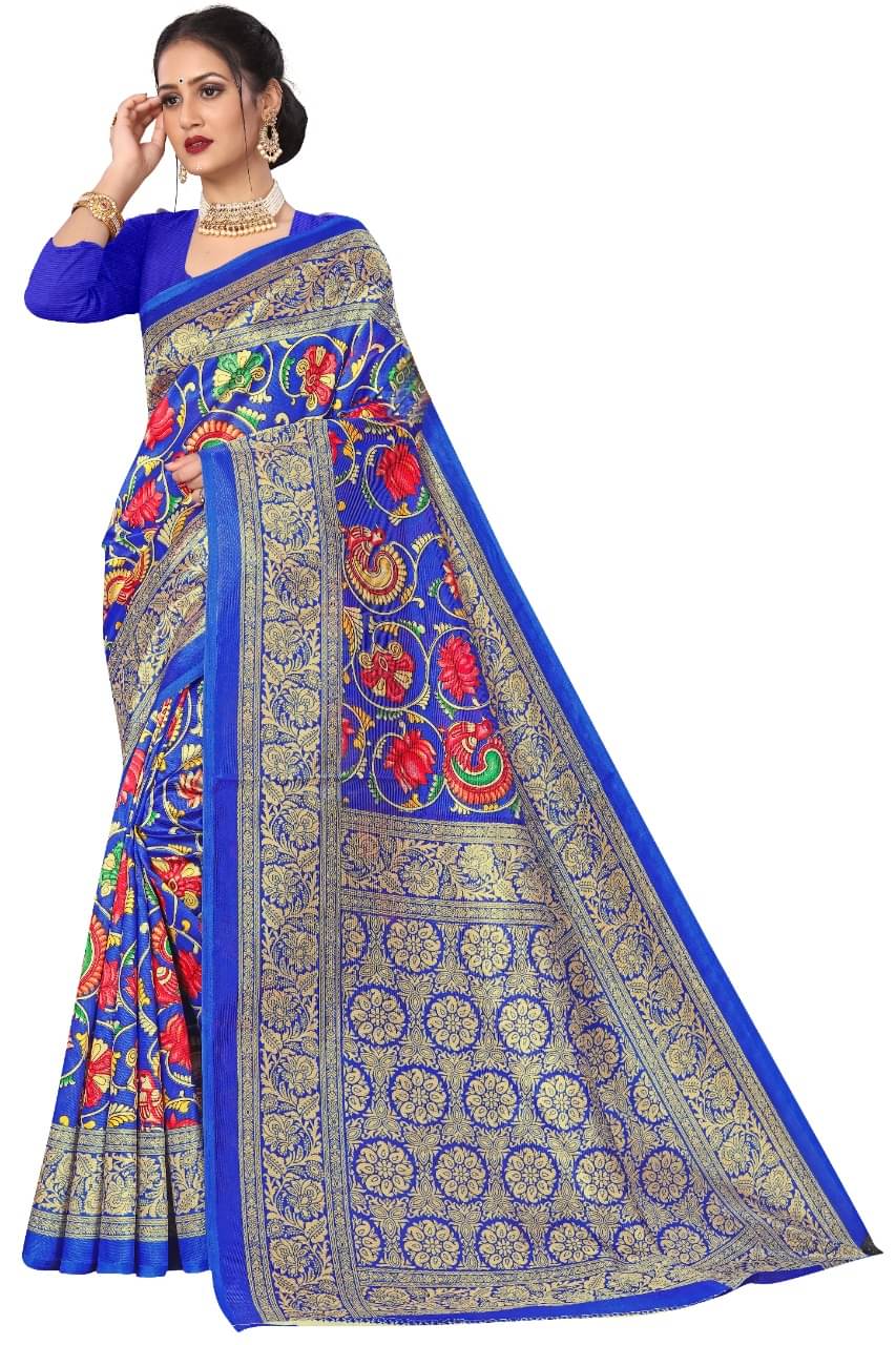     			Maayro Mysore Silk Printed Saree With Unstitched Blouse Piece ( Blue )