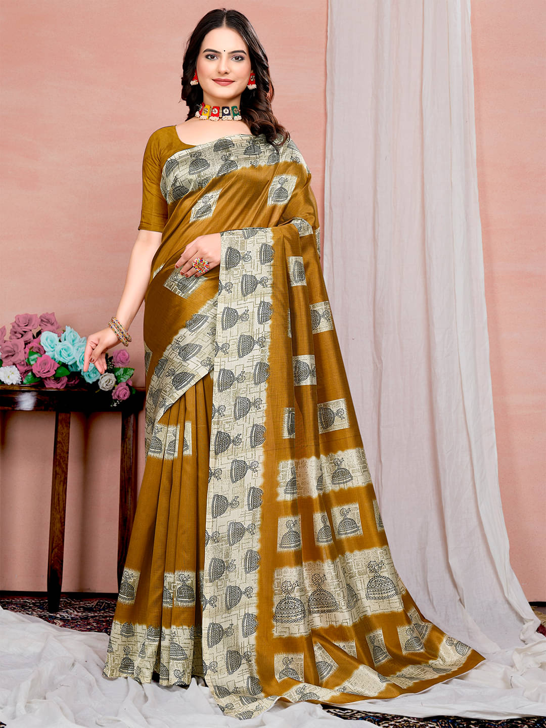     			Maayro Mysore Silk Printed Saree With Unstitched Blouse Piece ( Yellow )