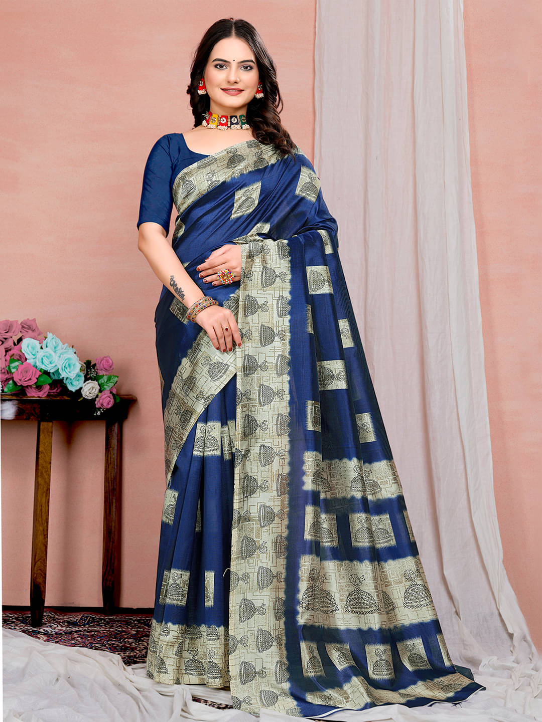     			Maayro Mysore Silk Printed Saree With Unstitched Blouse Piece ( Navy Blue )