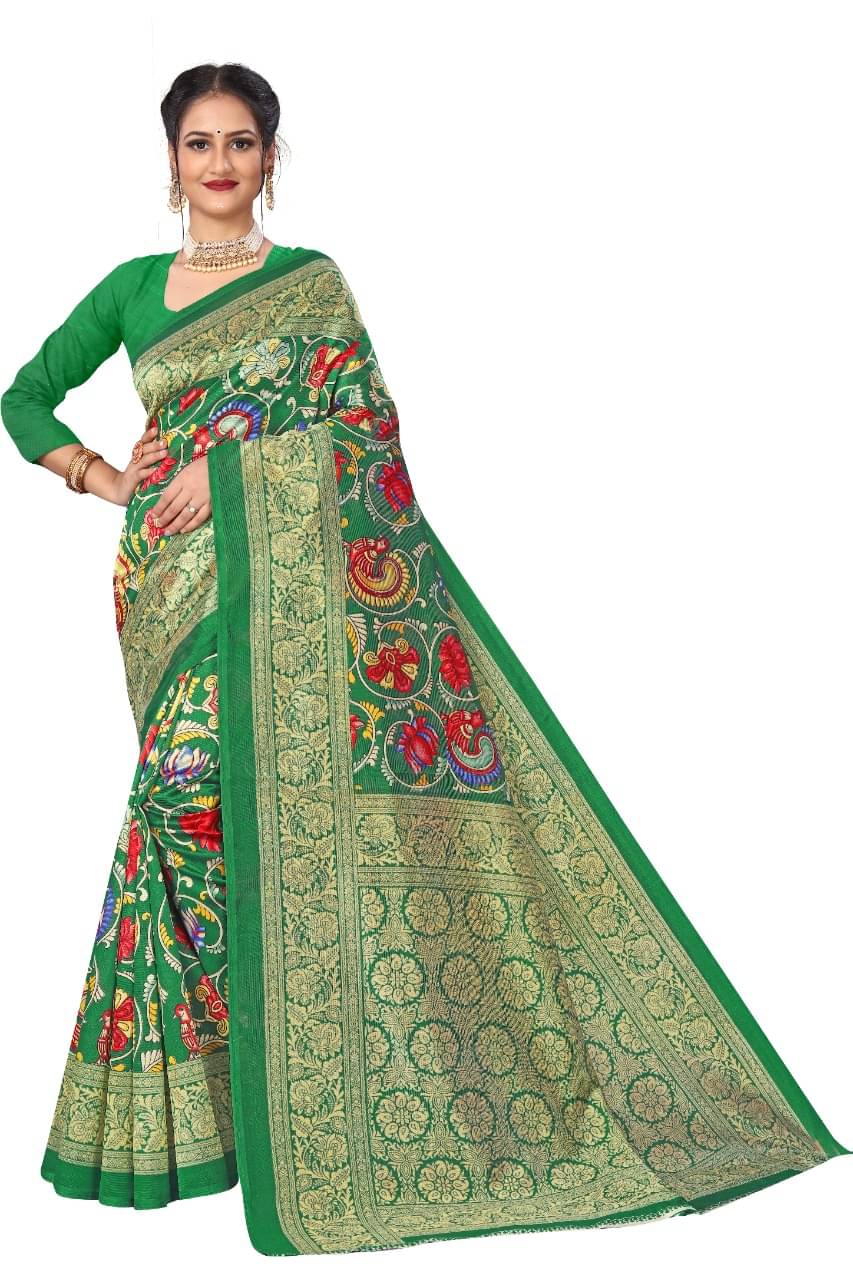 Maayro Mysore Silk Printed Saree With Unstitched Blouse Piece ( Green ) Maayro Mysore Silk Printed Saree With Unstitched Blouse Piece ( Green )