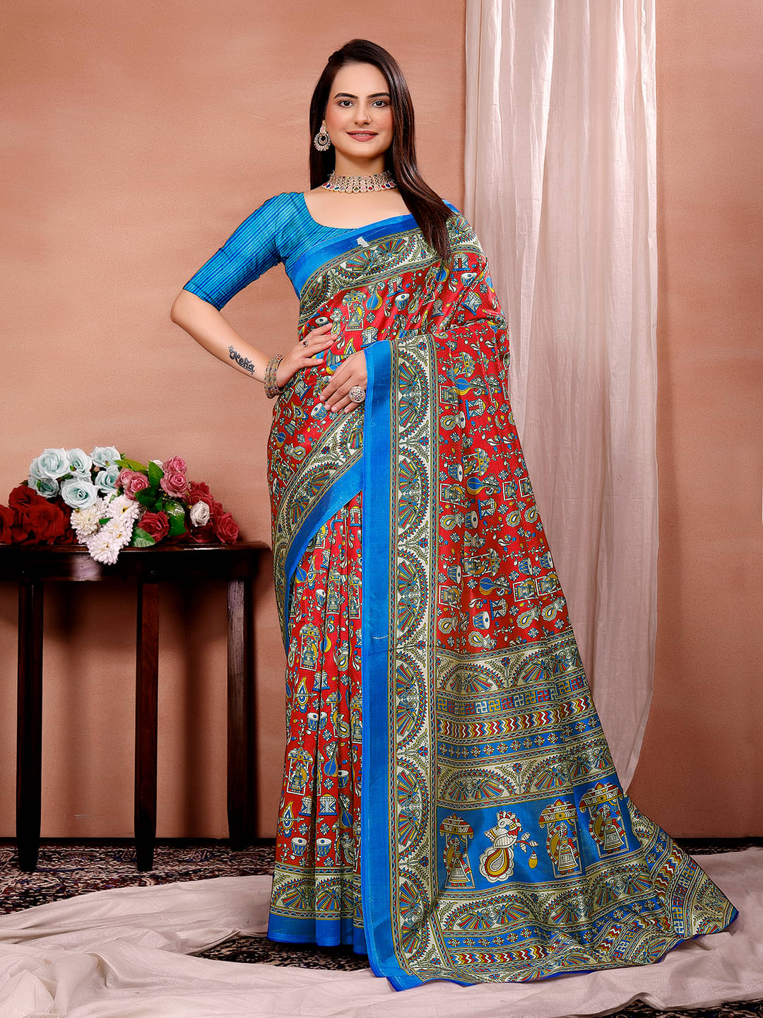     			Maayro Mysore Silk Printed Saree With Unstitched Blouse Piece ( Red )