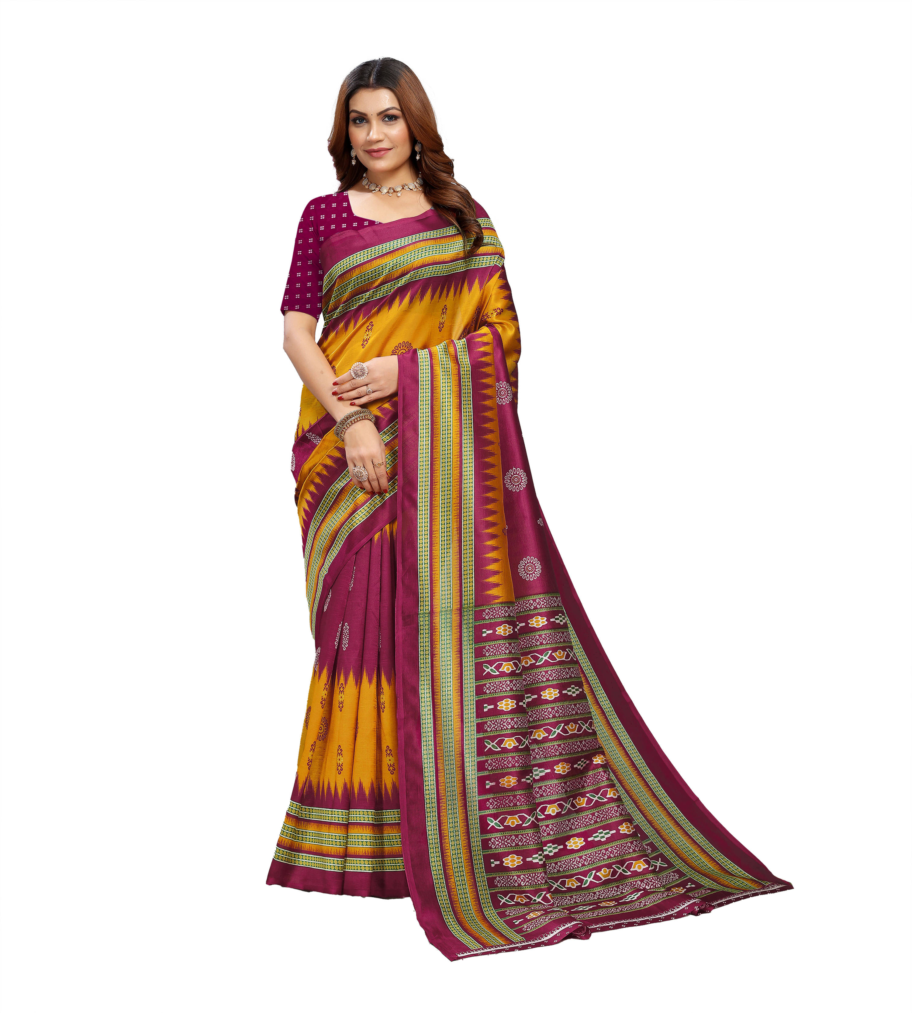     			Maayro Mysore Silk Printed Saree With Unstitched Blouse Piece ( Maroon )