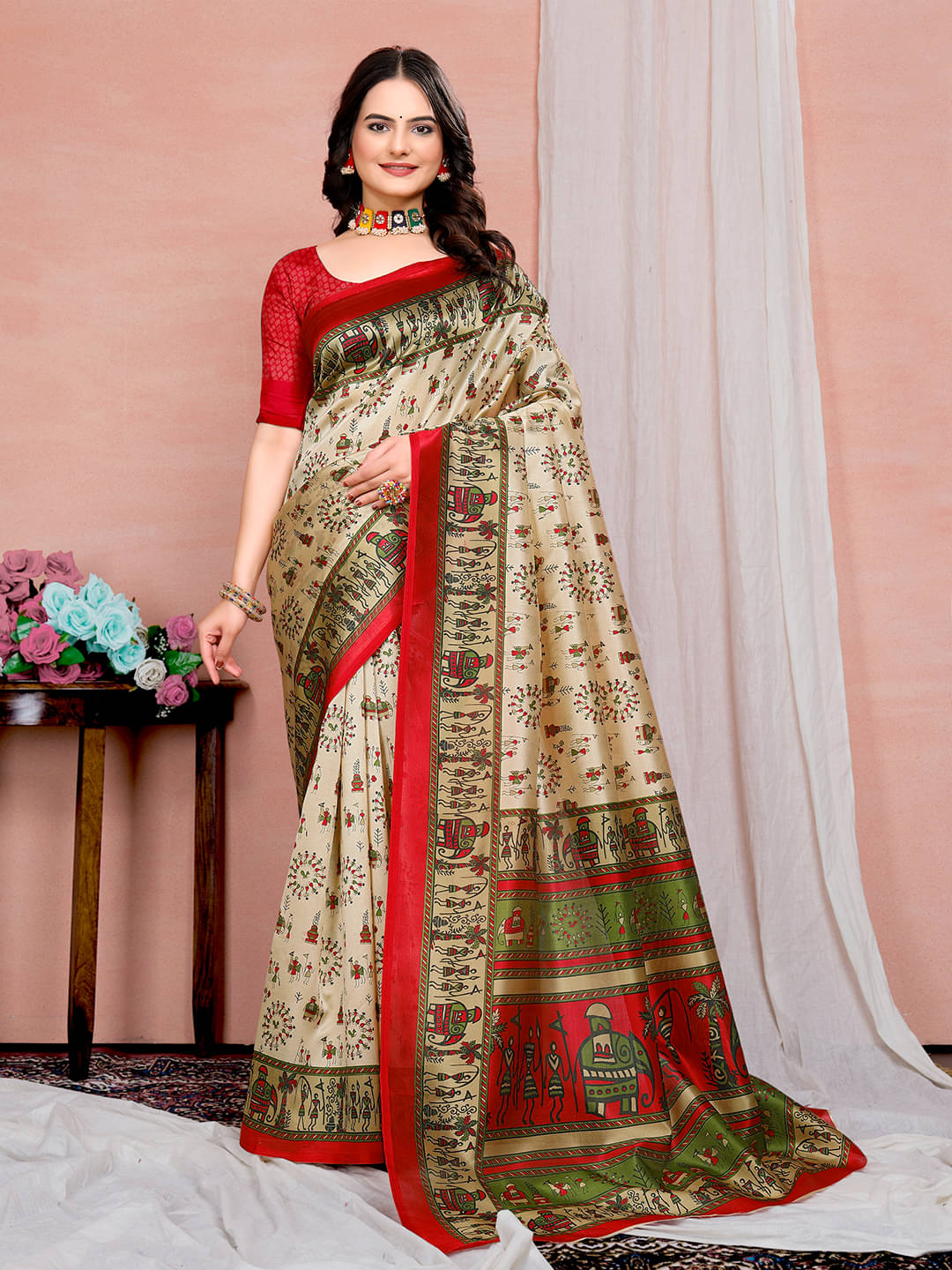     			Maayro Mysore Silk Printed Saree With Unstitched Blouse Piece ( Red )
