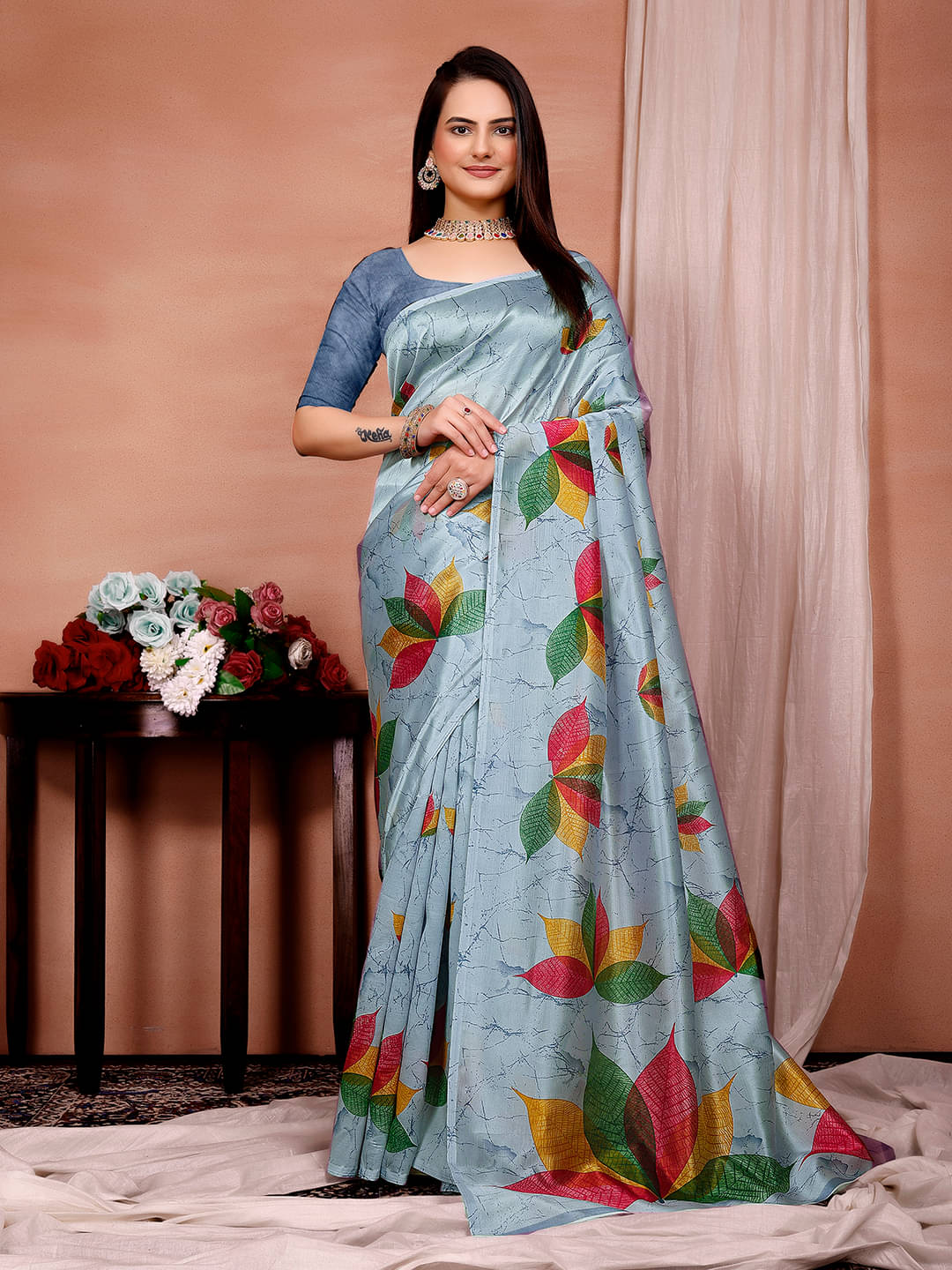 Maayro Mysore Silk Printed Saree With Unstitched Blouse Piece ( Grey ) Maayro Mysore Silk Printed Saree With Unstitched Blouse Piece ( Grey )