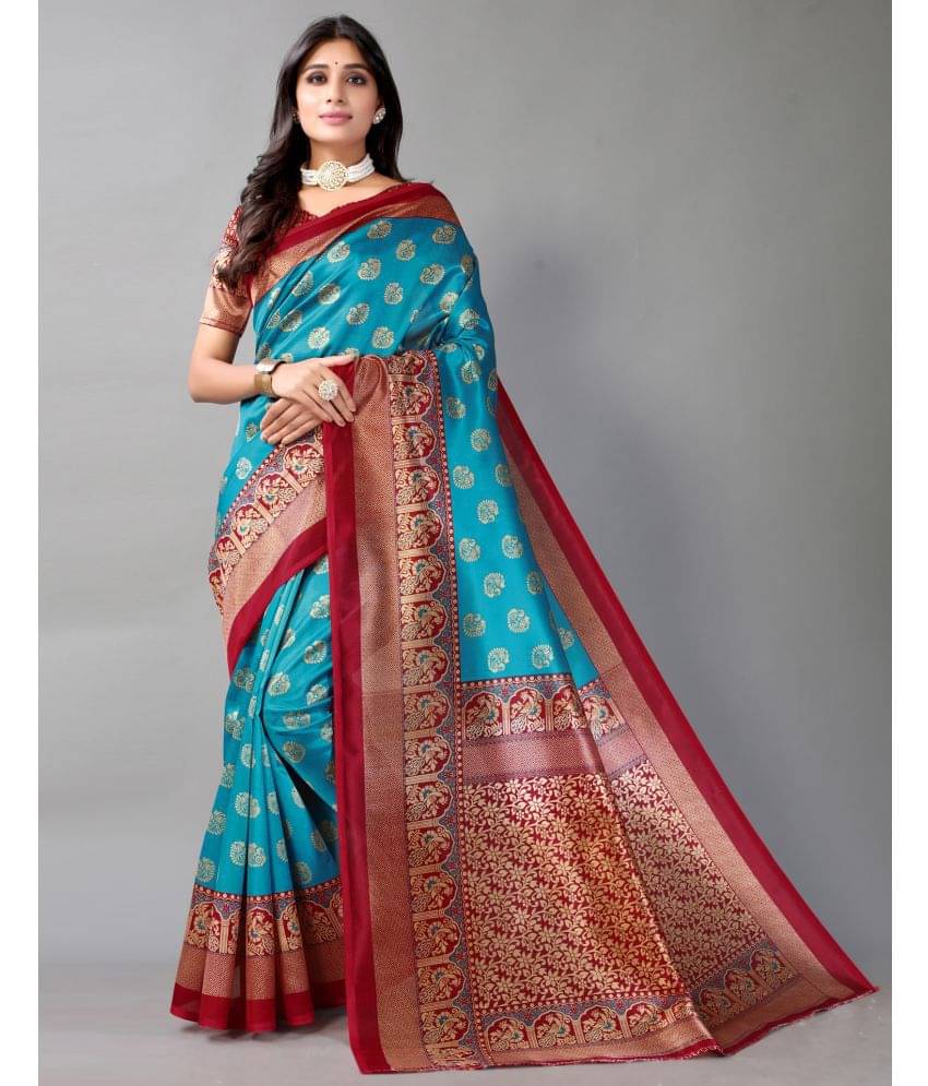     			Maayro Mysore Silk Printed Saree With Unstitched Blouse Piece ( Blue )