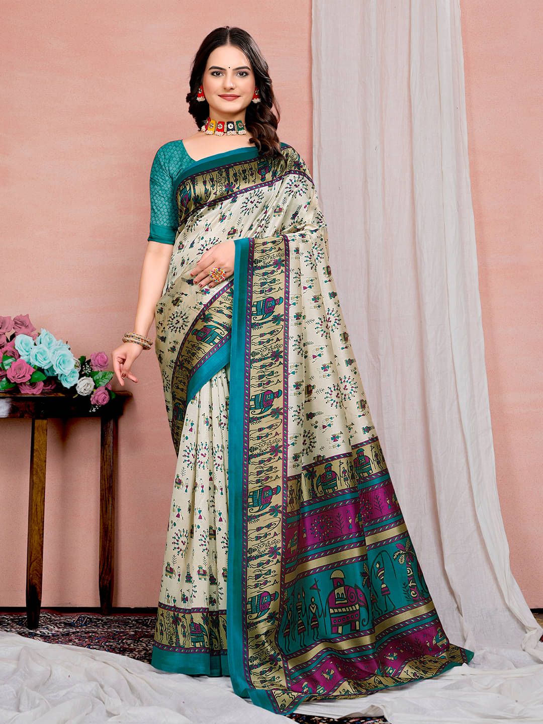     			Maayro Mysore Silk Printed Saree With Unstitched Blouse Piece ( Teal )