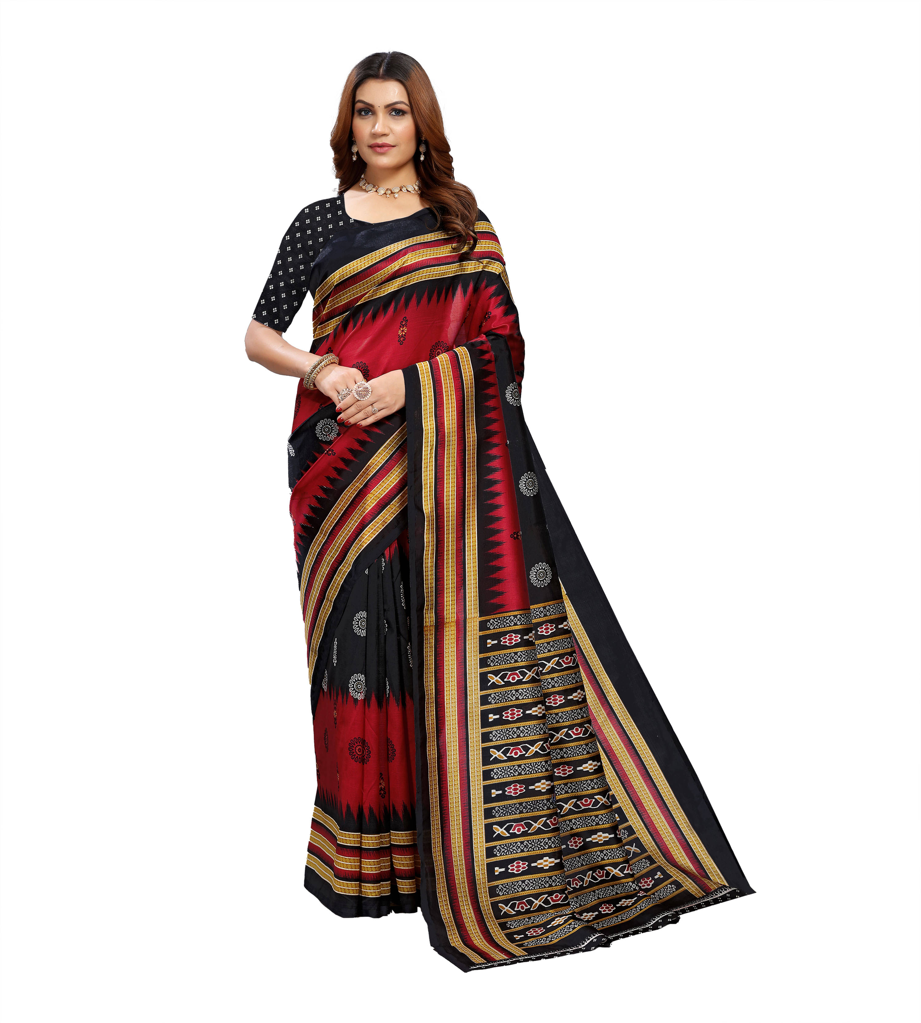     			Maayro Mysore Silk Printed Saree With Unstitched Blouse Piece ( Black )
