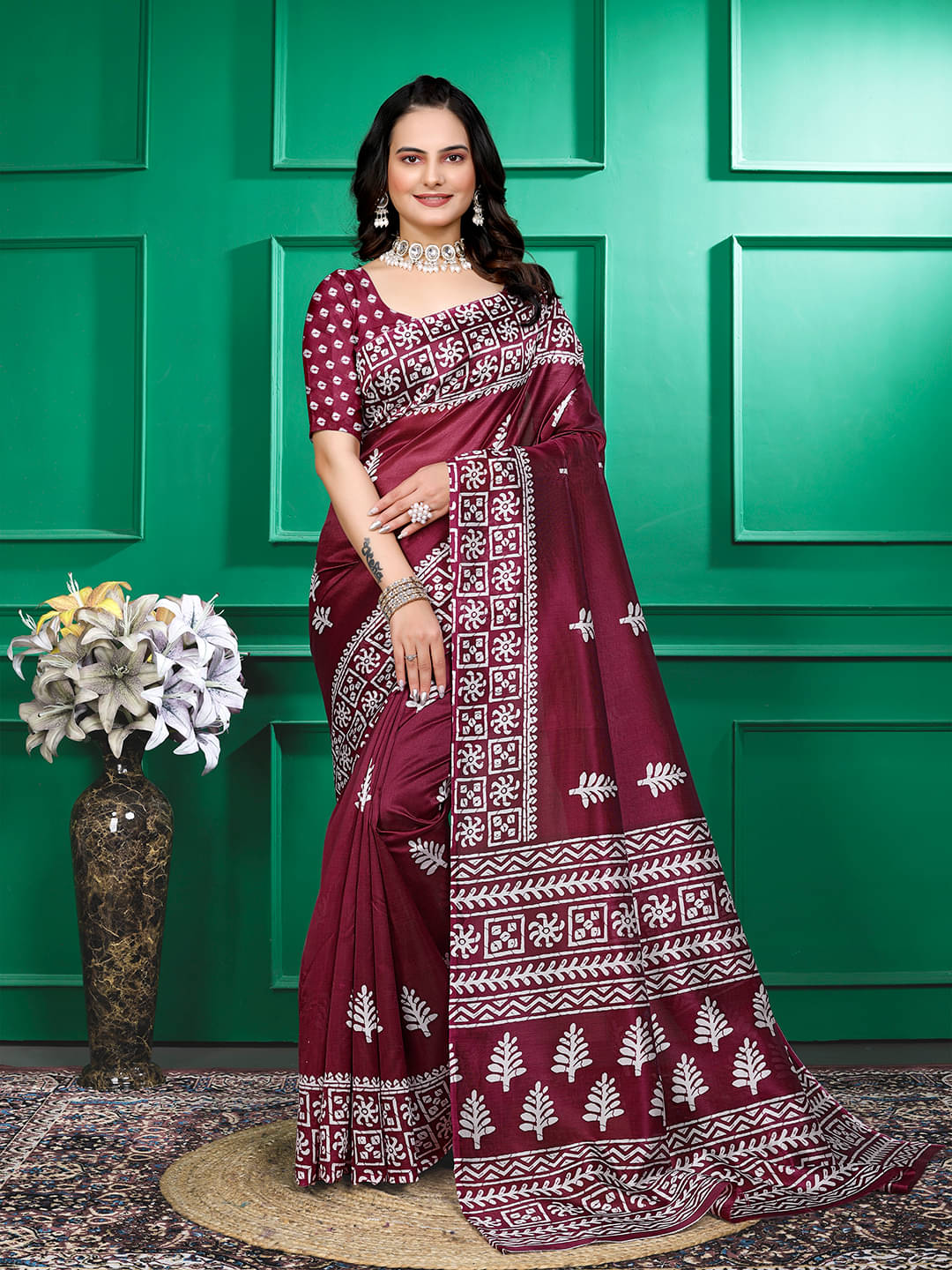     			Maayro Mysore Silk Printed Saree With Unstitched Blouse Piece ( Maroon )