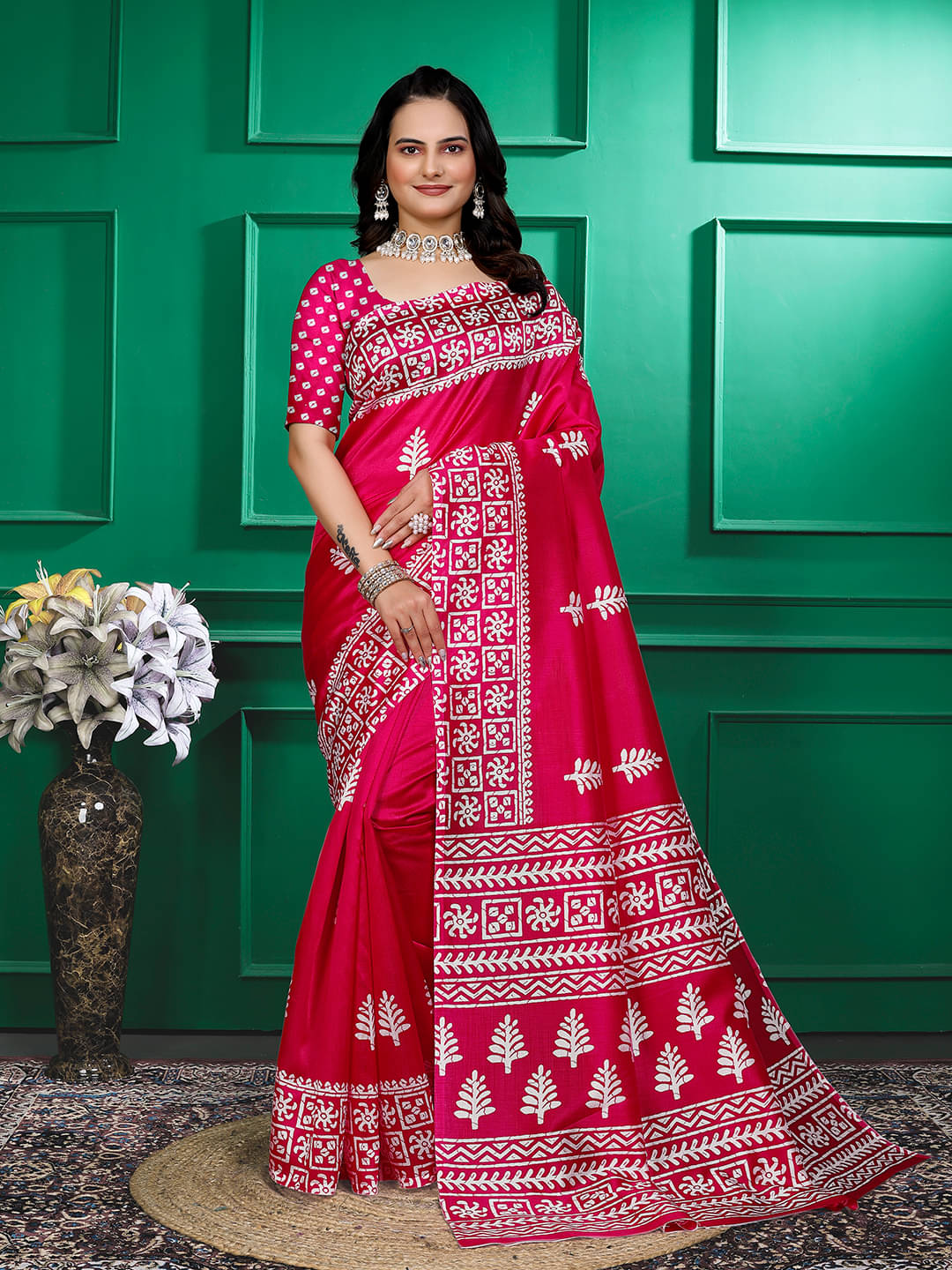    			Maayro Mysore Silk Printed Saree With Unstitched Blouse Piece ( Pink )