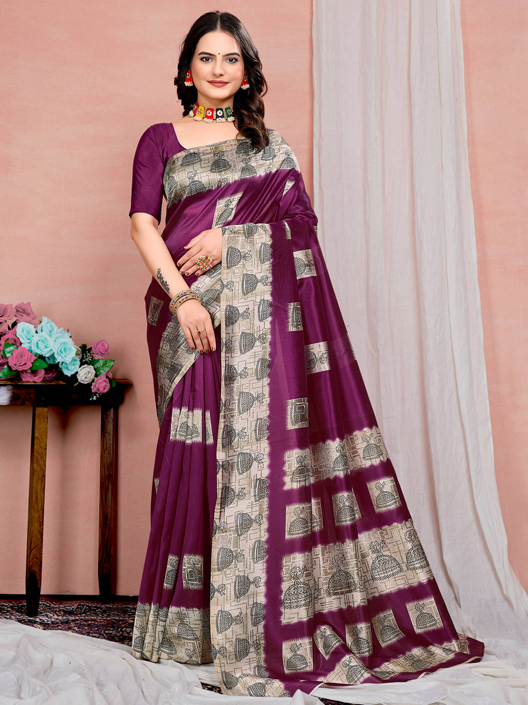 Maayro Mysore Silk Printed Saree With Unstitched Blouse Piece ( Purple ) Maayro Mysore Silk Printed Saree With Unstitched Blouse Piece ( Purple )