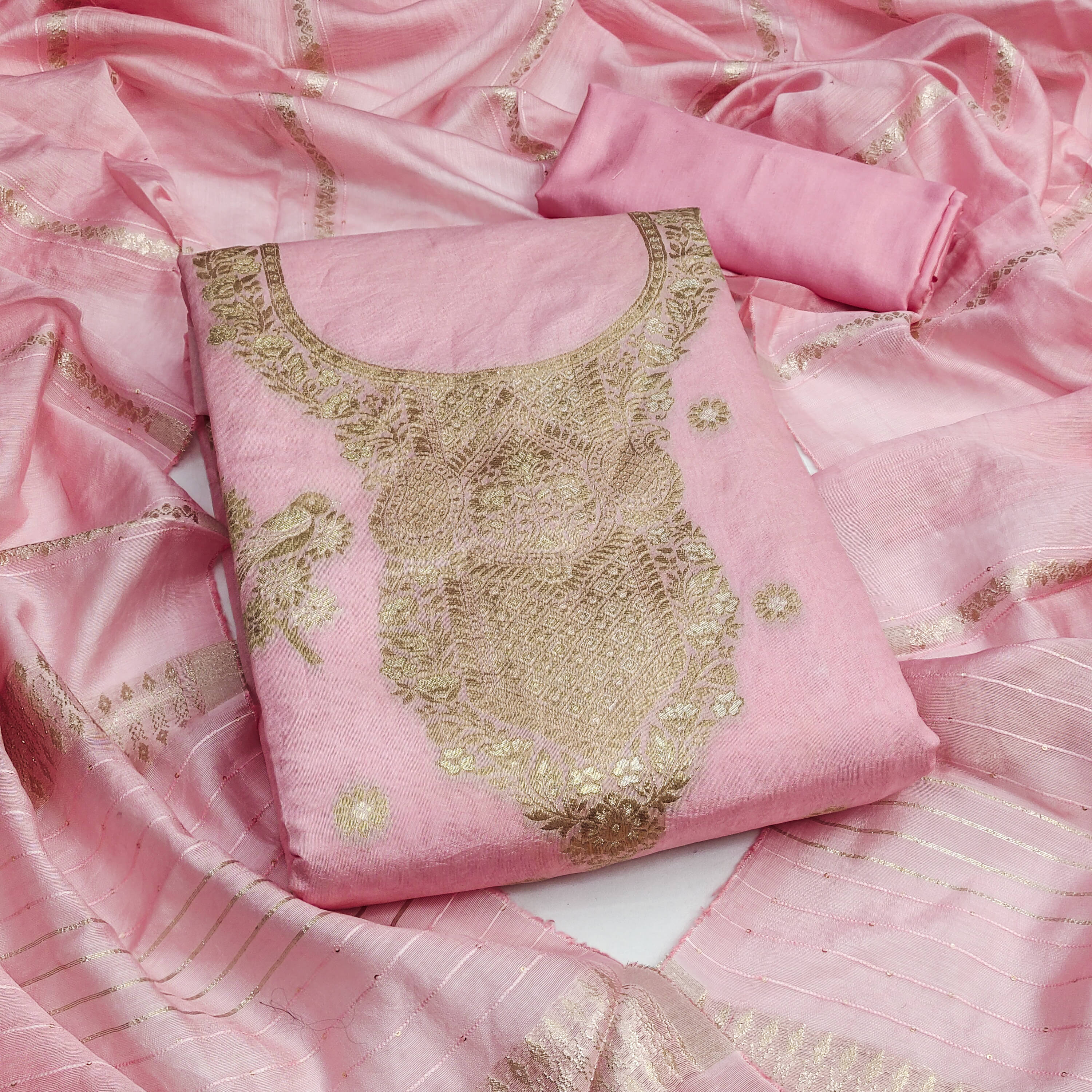 Nayanthara Trends Women Jacquard Unstitched Dress Material ( Peach )     			Nayanthara Trends Women Jacquard Unstitched Dress Material ( Peach )