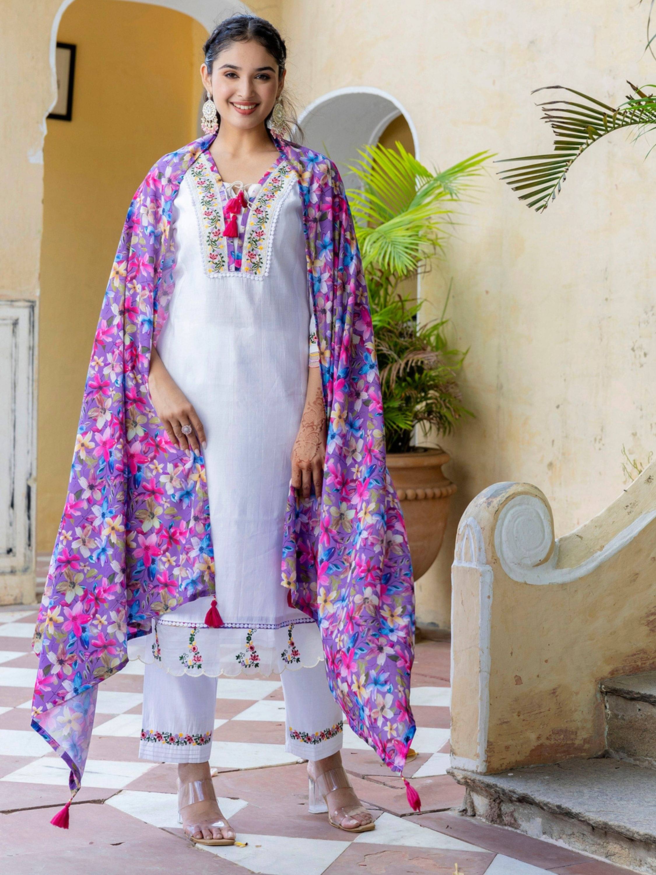     			Niza Fashion Women Chanderi Embroidered Straight Kurti With Pants ( Purple )