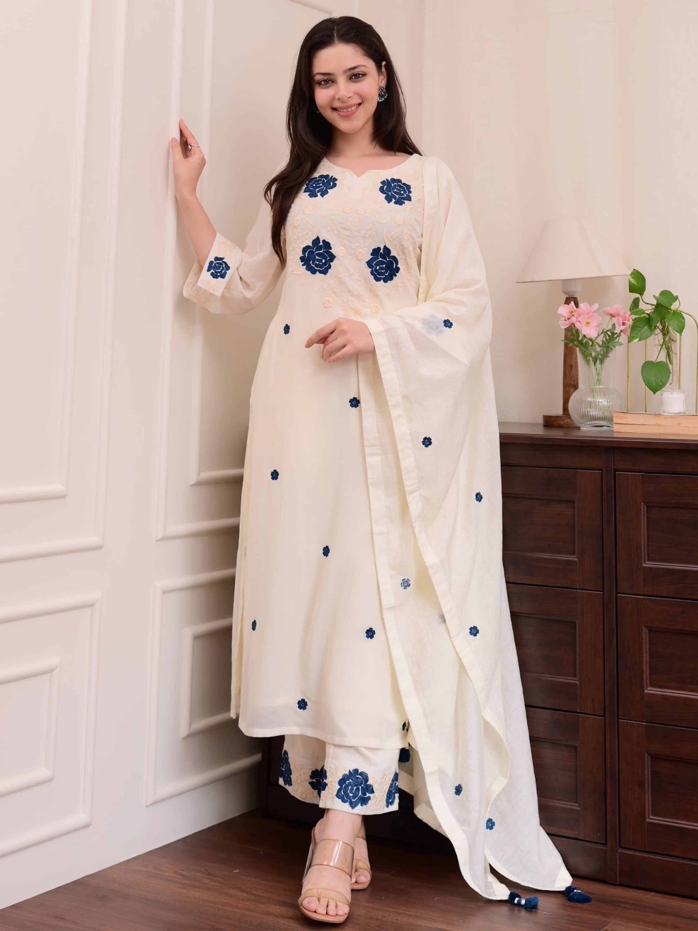 Niza Fashion Women Rayon Embroidered Straight Kurti With Pants ( Off White )