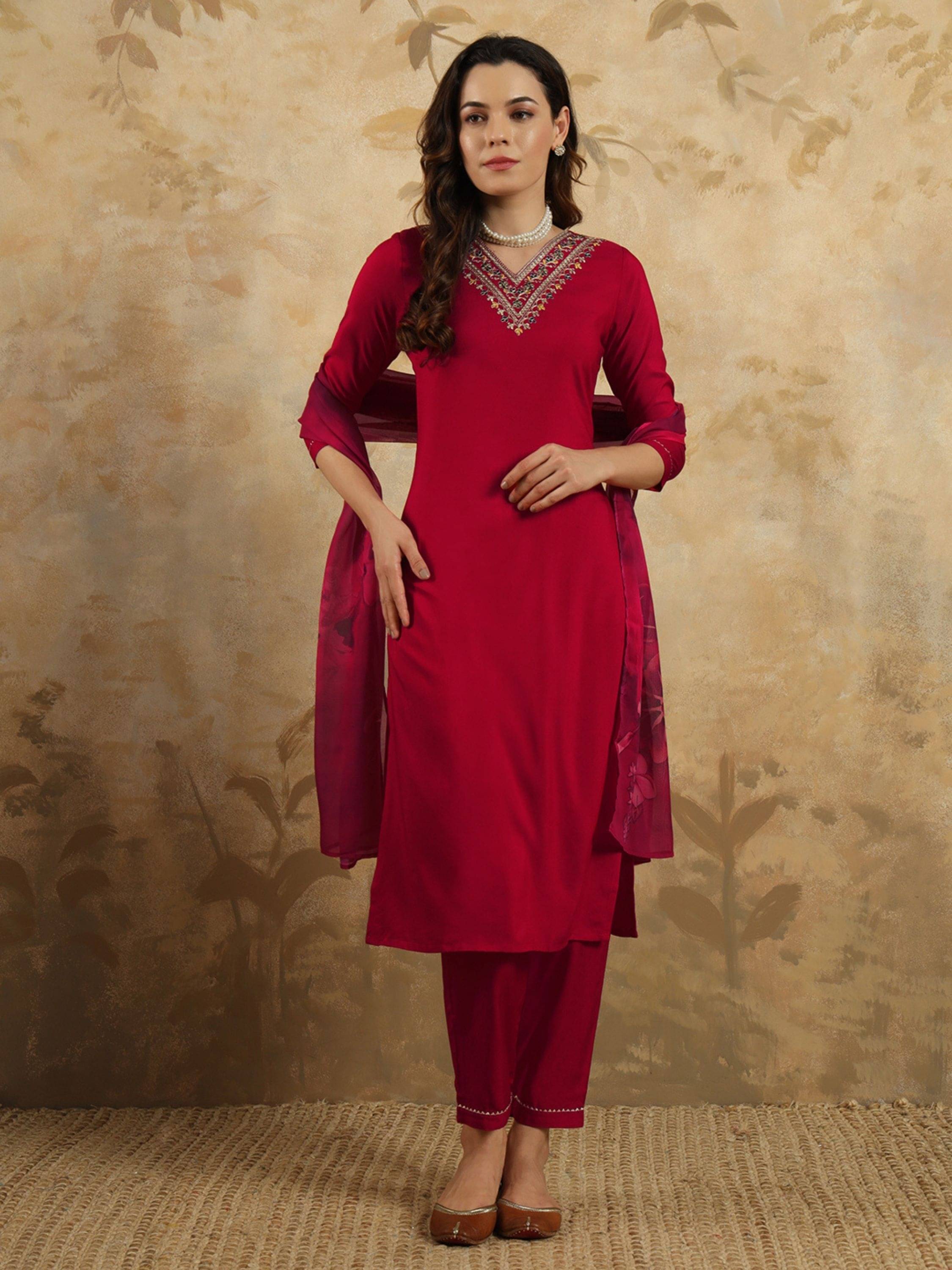     			Niza Fashion Women Rayon Embroidered Straight Kurti With Pants ( Red )