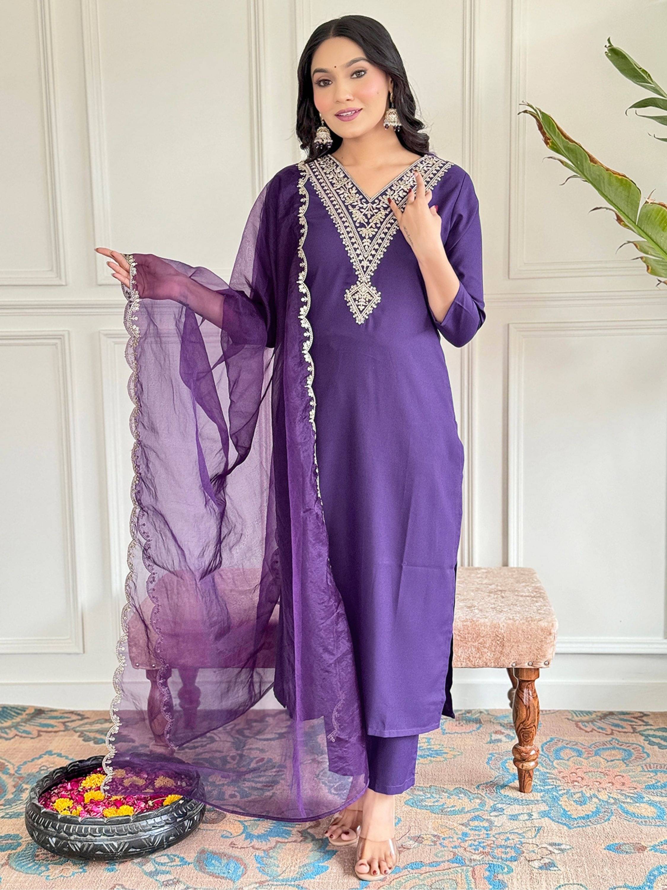 Niza Fashion Women Rayon Embroidered Straight Kurti With Pants ( Purple ) Niza Fashion Women Rayon Embroidered Straight Kurti With Pants ( Purple )