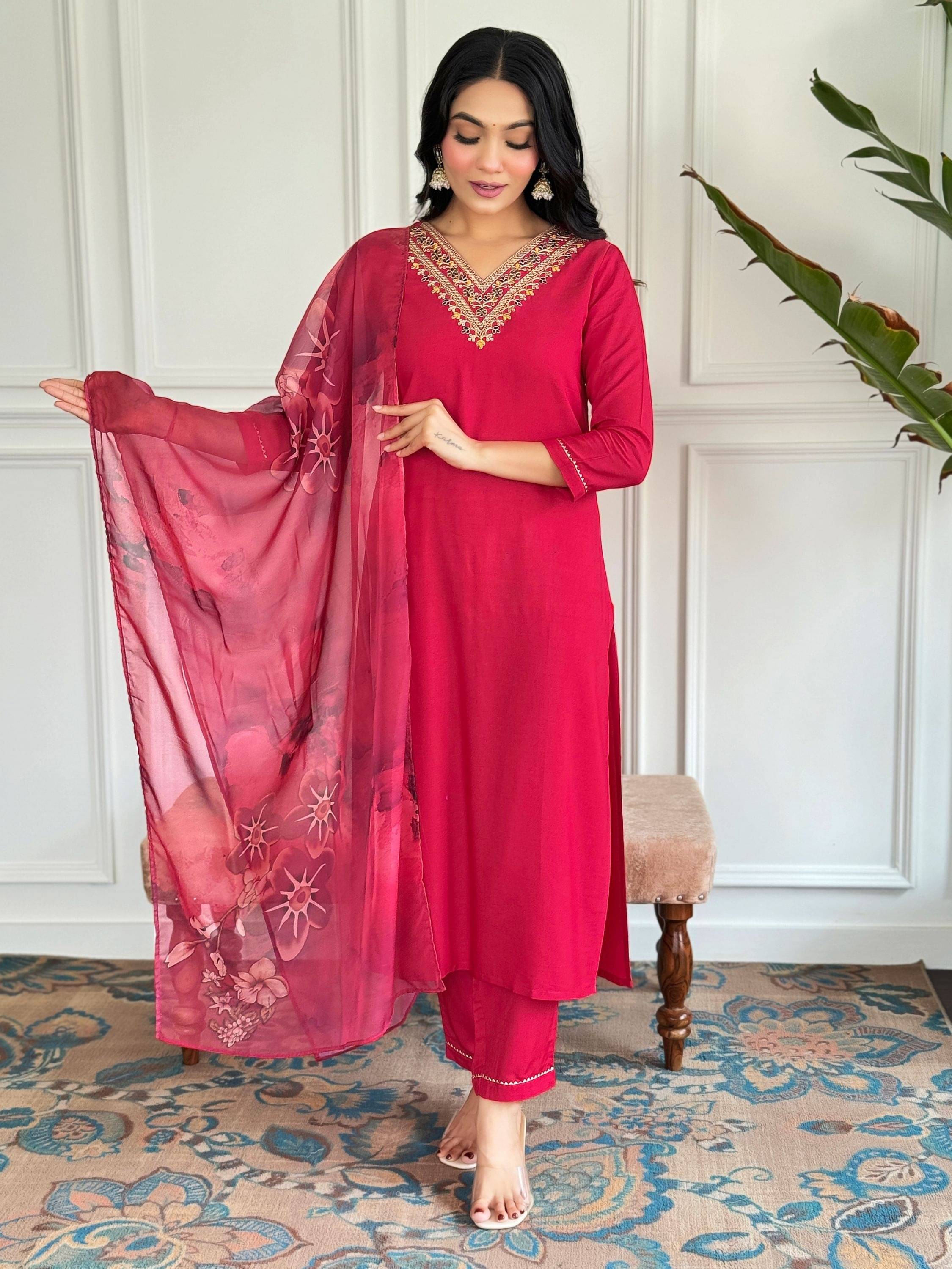     			Niza Fashion Women Rayon Embroidered Straight Kurti With Pants ( Red )