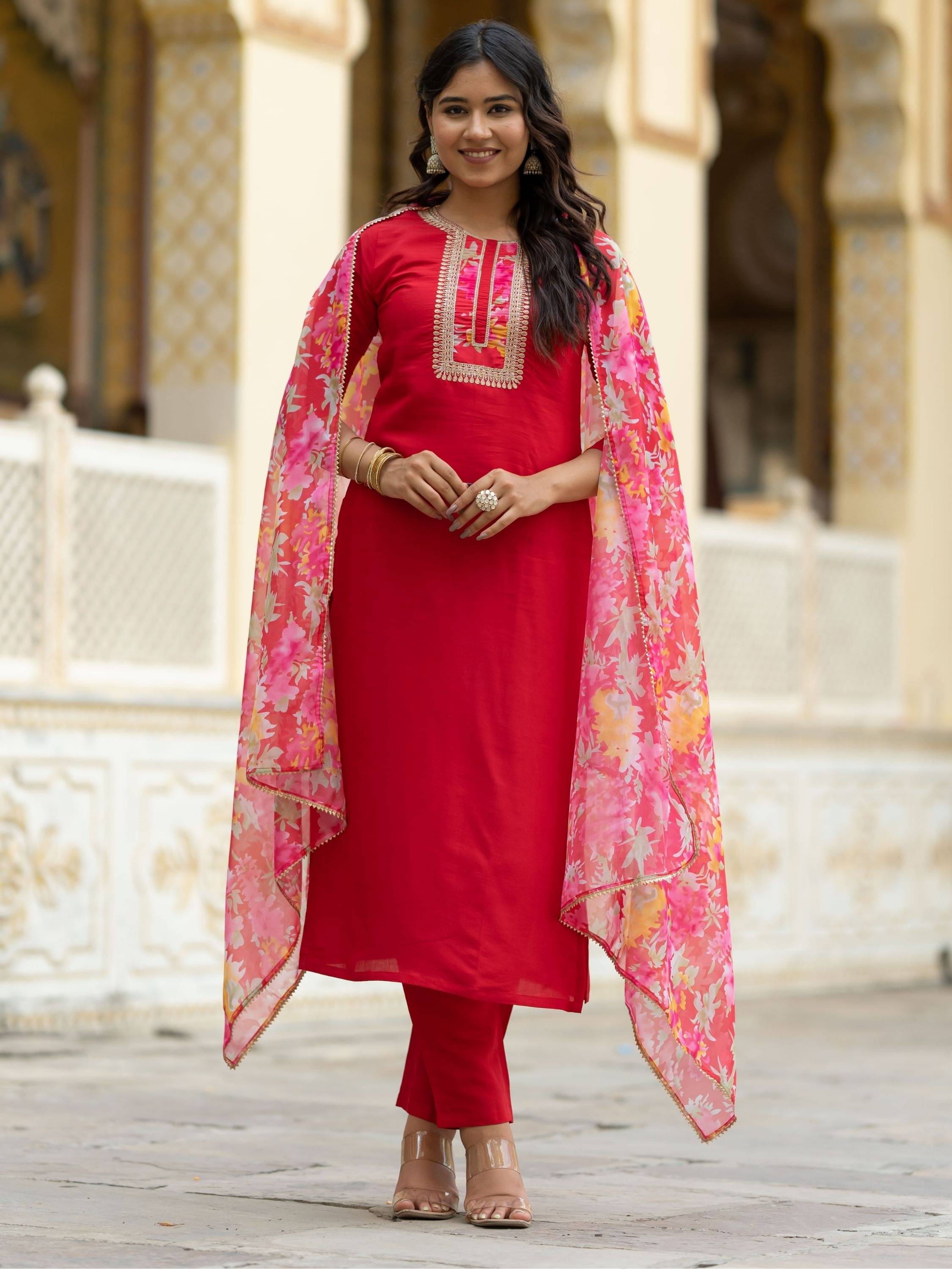     			Niza Fashion Women Rayon Embroidered Straight Kurti With Pants ( Red )