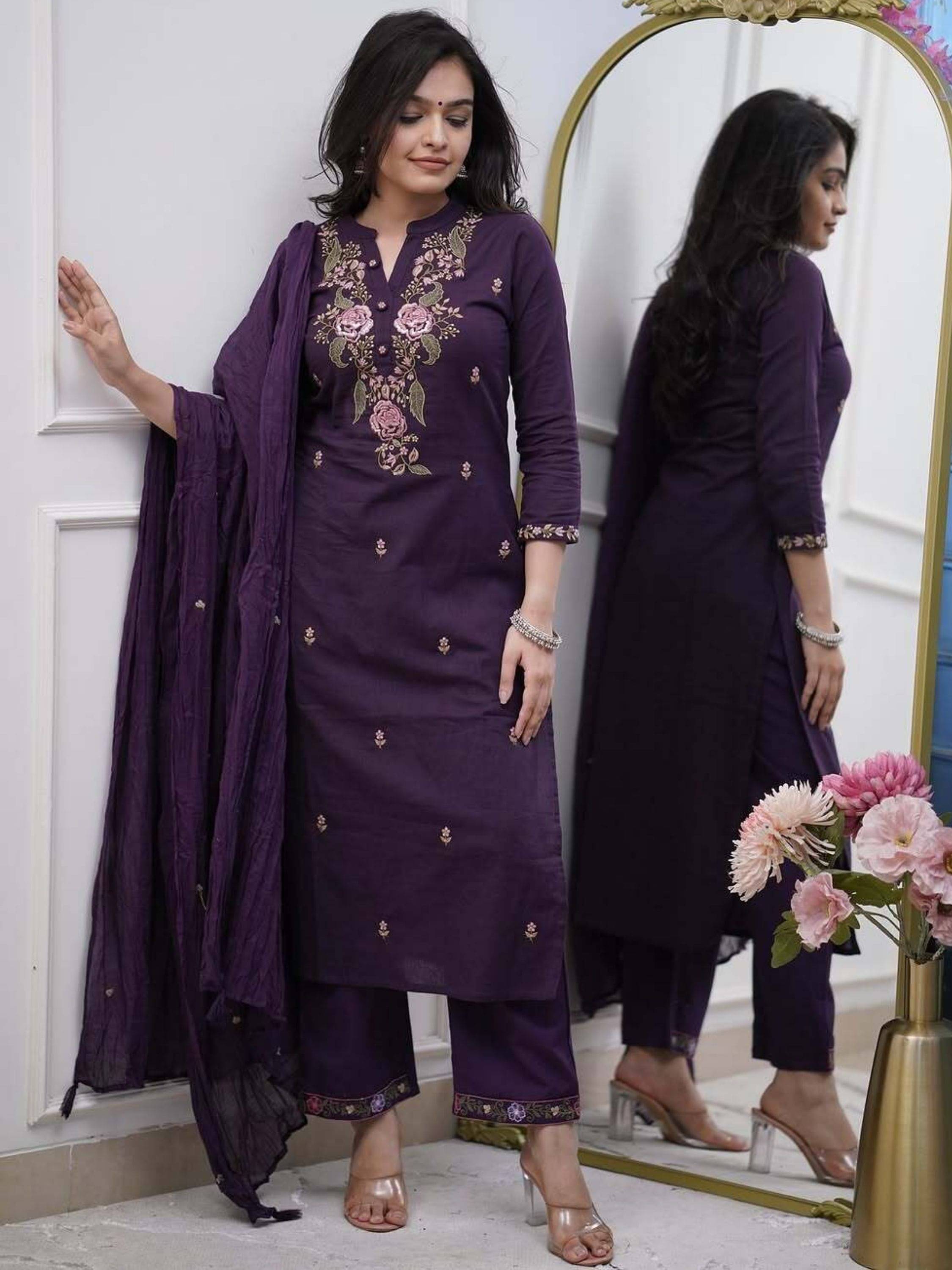 Niza Fashion Women Rayon Embroidered Straight Kurti With Pants ( Purple ) Niza Fashion Women Rayon Embroidered Straight Kurti With Pants ( Purple )