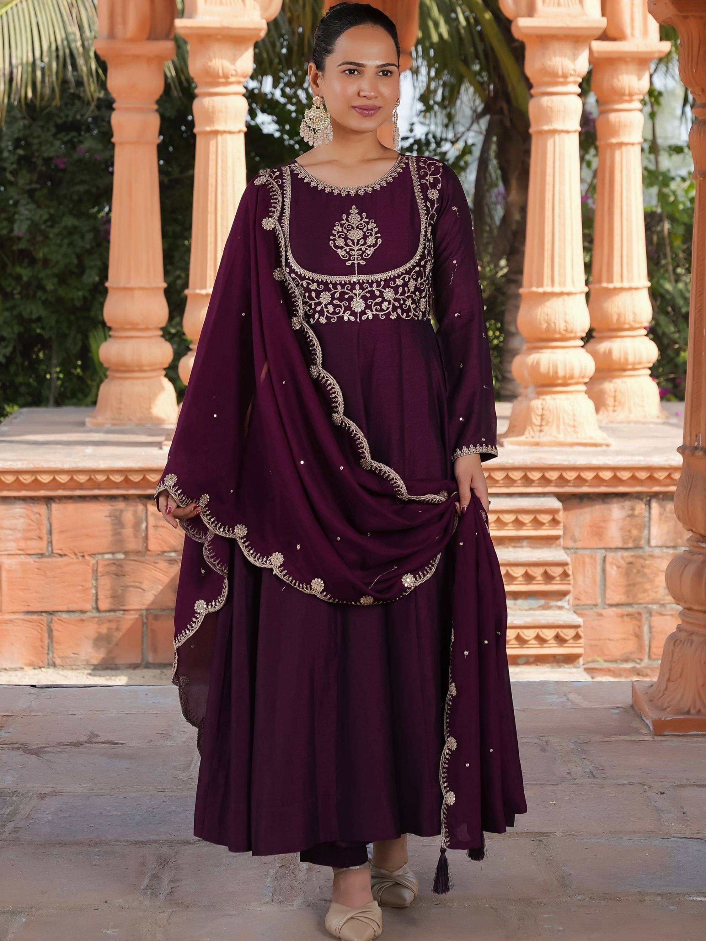 Niza Fashion Women Silk Embroidered Straight Kurti With Pants ( Purple ) Niza Fashion Women Silk Embroidered Straight Kurti With Pants ( Purple )