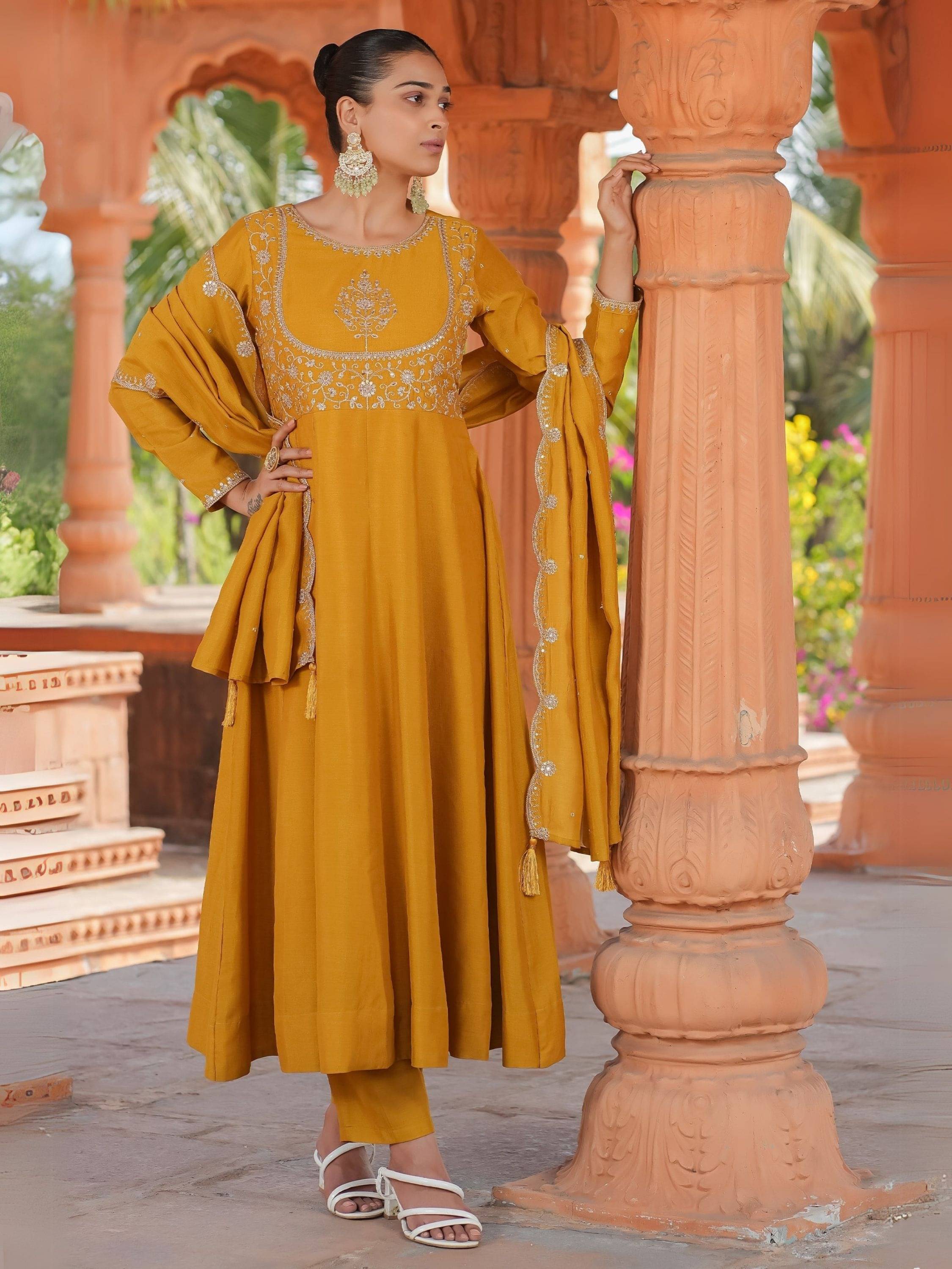     			Niza Fashion Women Silk Embroidered Straight Kurti With Pants ( Mustard )