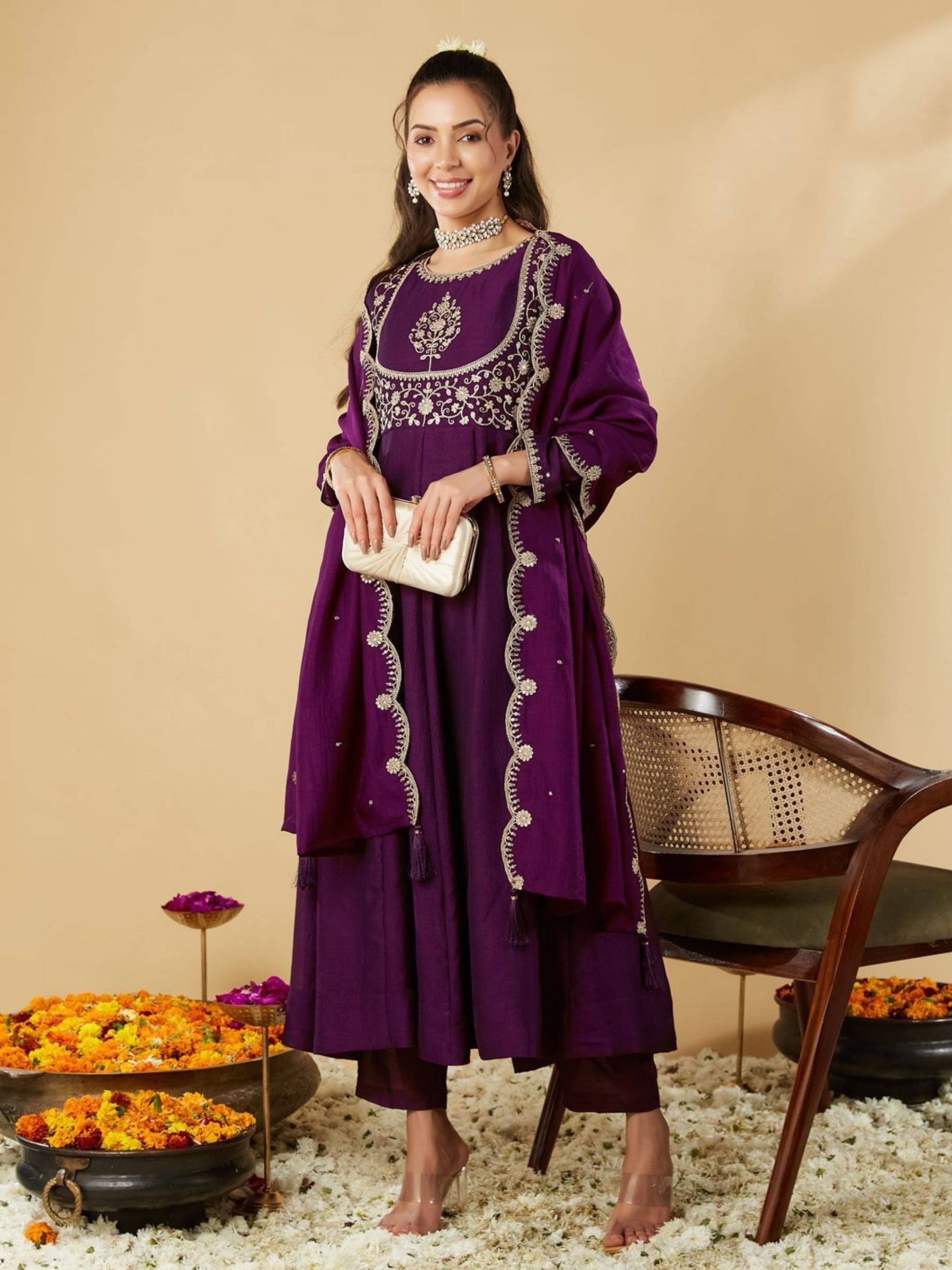 Niza Fashion Women Silk Embroidered Straight Kurti With Pants ( Purple ) Niza Fashion Women Silk Embroidered Straight Kurti With Pants ( Purple )