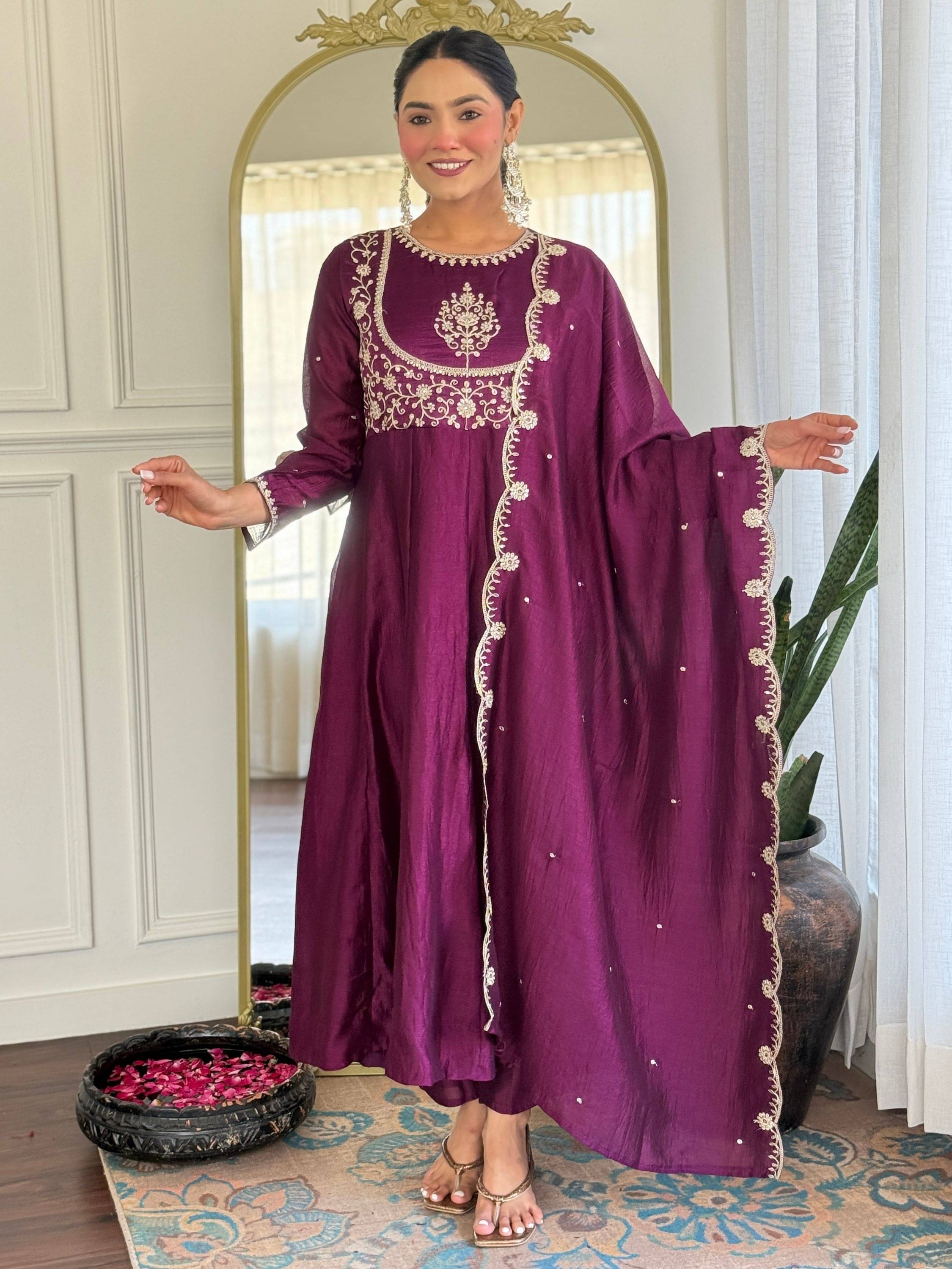 Niza Fashion Women Silk Embroidered Straight Kurti With Pants ( Purple ) Niza Fashion Women Silk Embroidered Straight Kurti With Pants ( Purple )