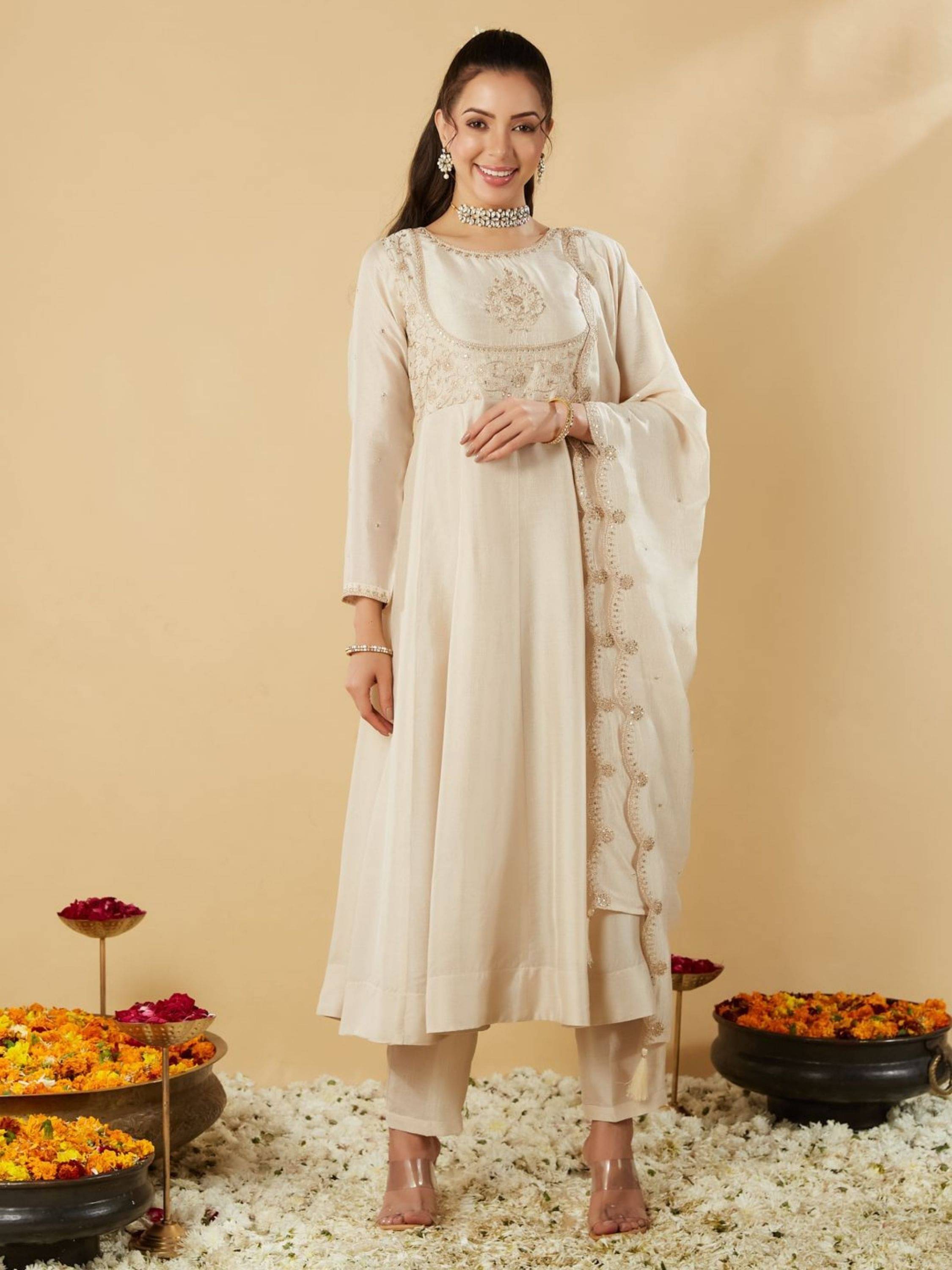 Niza Fashion Women Silk Embroidered Straight Kurti With Pants ( Cream ) Niza Fashion Women Silk Embroidered Straight Kurti With Pants ( Cream )