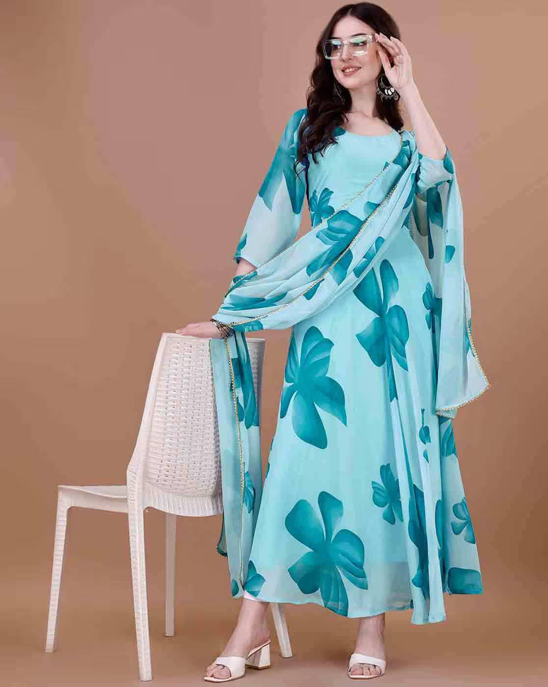 Raiyani enterprise Women's Cotton Blend Printed Fit & Flare Dress ( Blue )     			Raiyani enterprise Women's Cotton Blend Printed Fit & Flare Dress ( Blue )