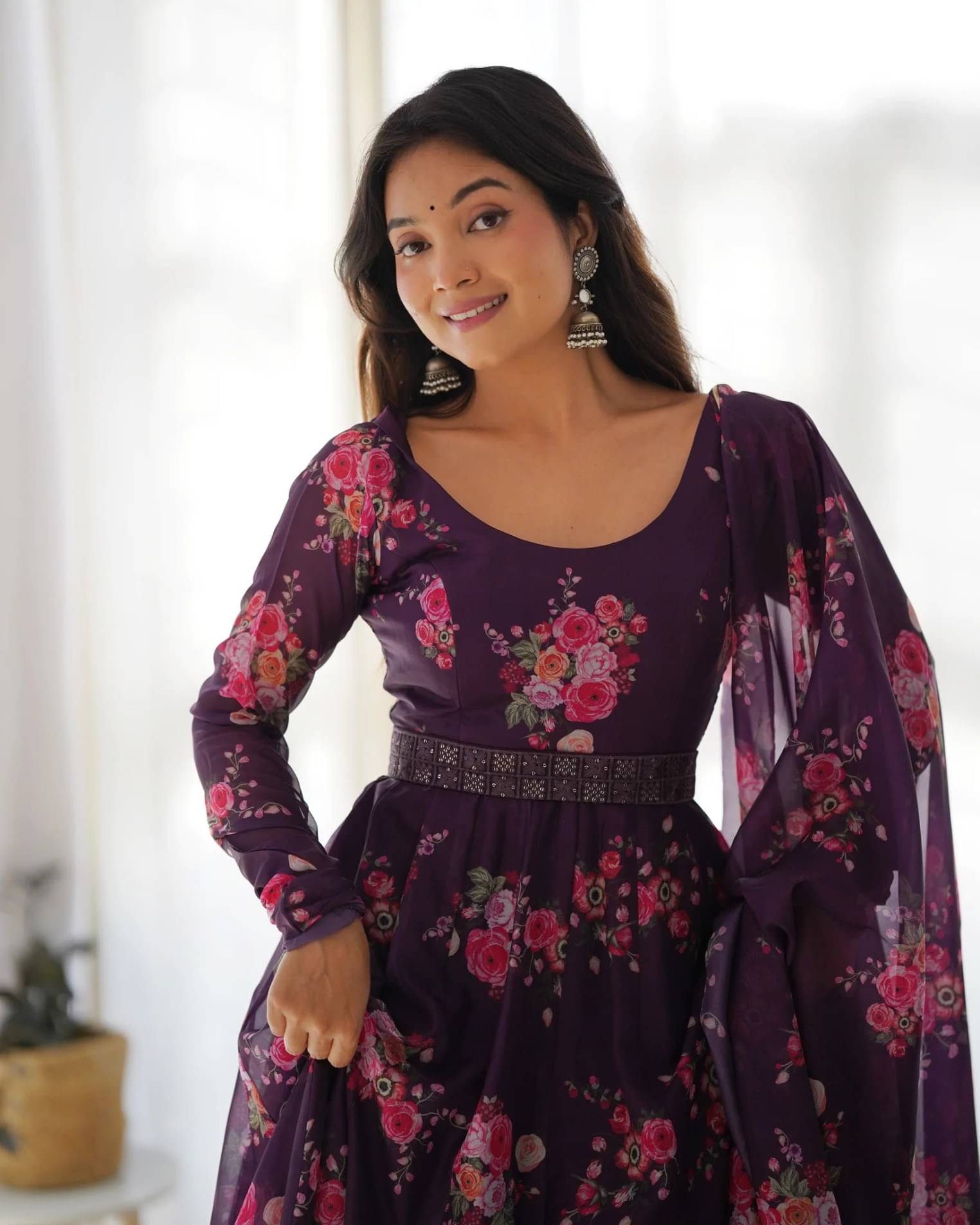     			Raiyani enterprise Women's Cotton Blend Printed Flared Kurti with Dupatta - ( Purple )