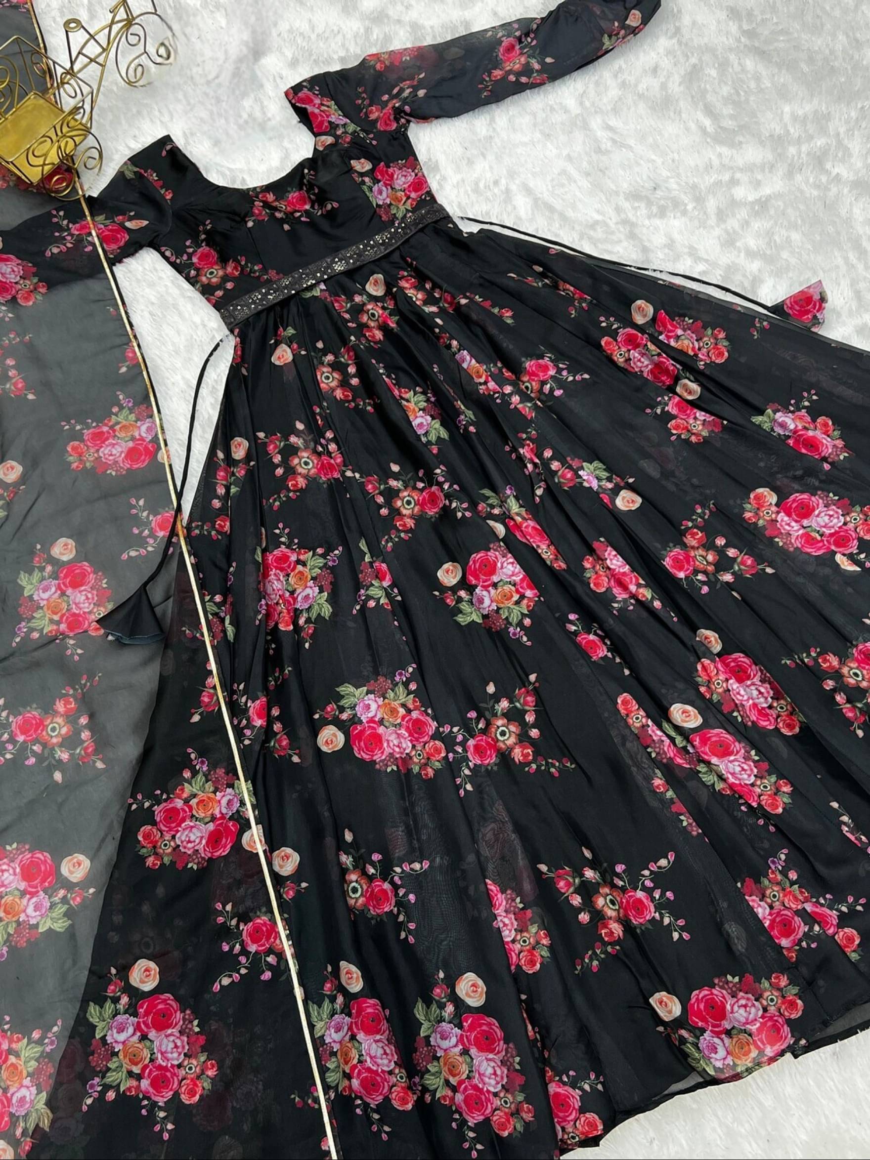 Raiyani enterprise Women's Cotton Blend Printed Flared Kurti with Dupatta - ( Black )     			Raiyani enterprise Women's Cotton Blend Printed Flared Kurti with Dupatta - ( Black )