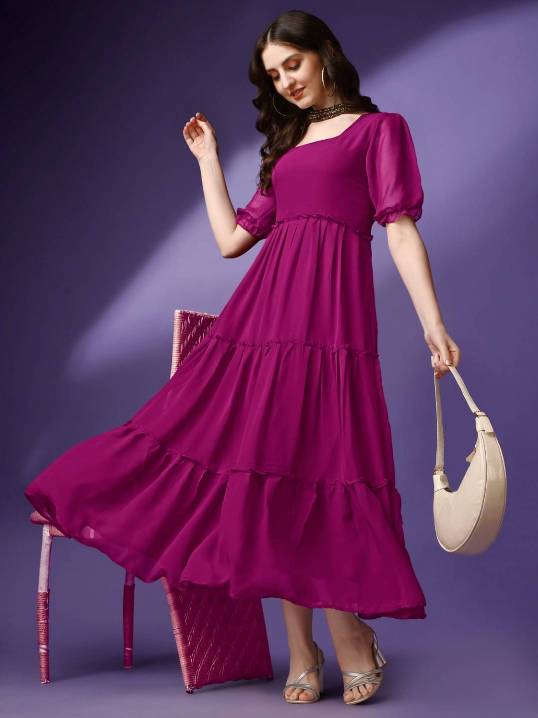 Raiyani enterprise Women's Georgette Solid Fit & Flare Dress ( Purple ) Raiyani enterprise Women's Georgette Solid Fit & Flare Dress ( Purple )