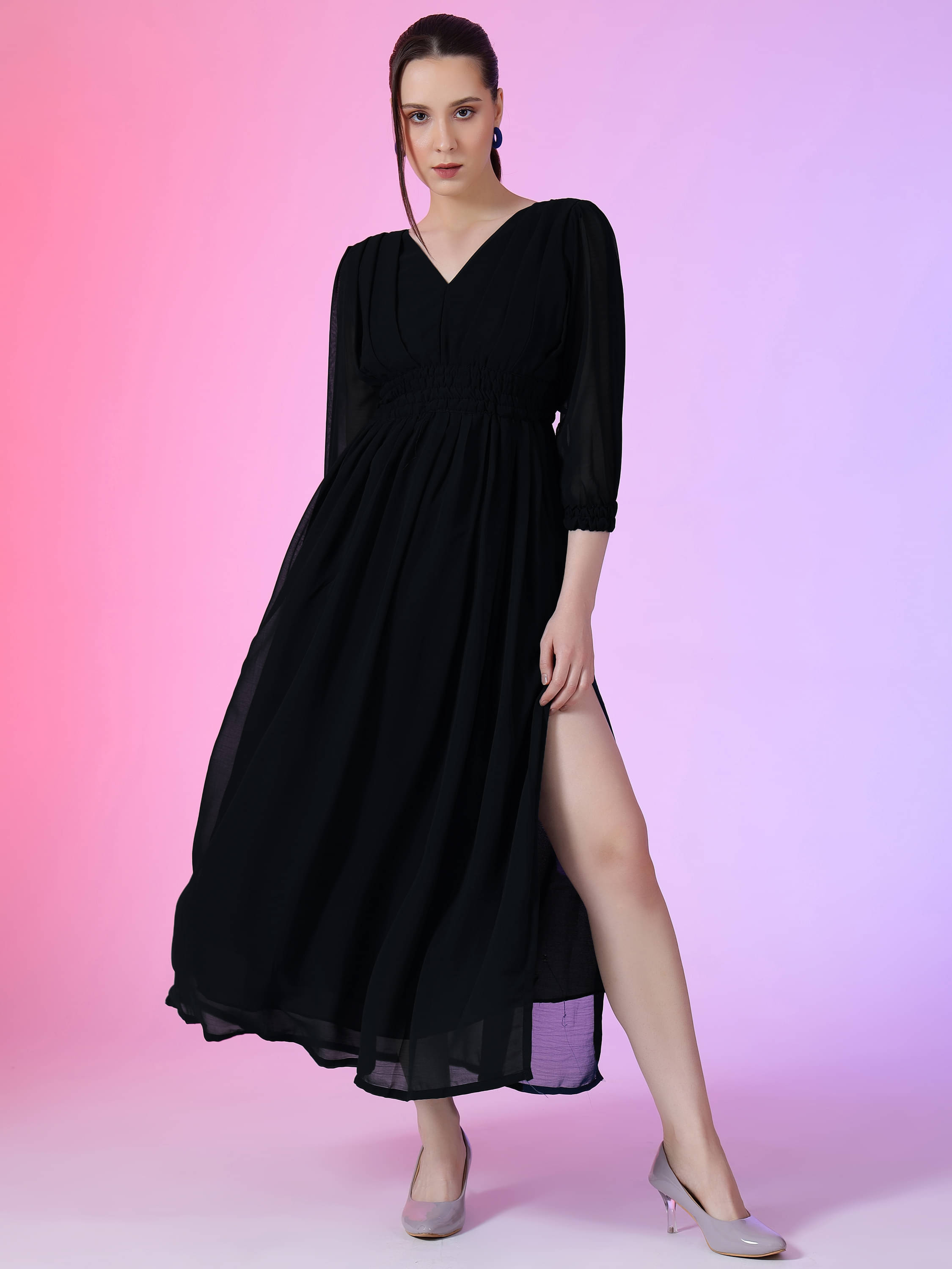     			Raiyani enterprise Women's Georgette Solid Fit & Flare Dress ( Black )