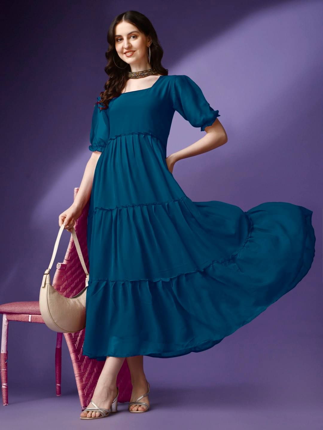     			Raiyani enterprise Women's Georgette Solid Fit & Flare Dress ( Blue )