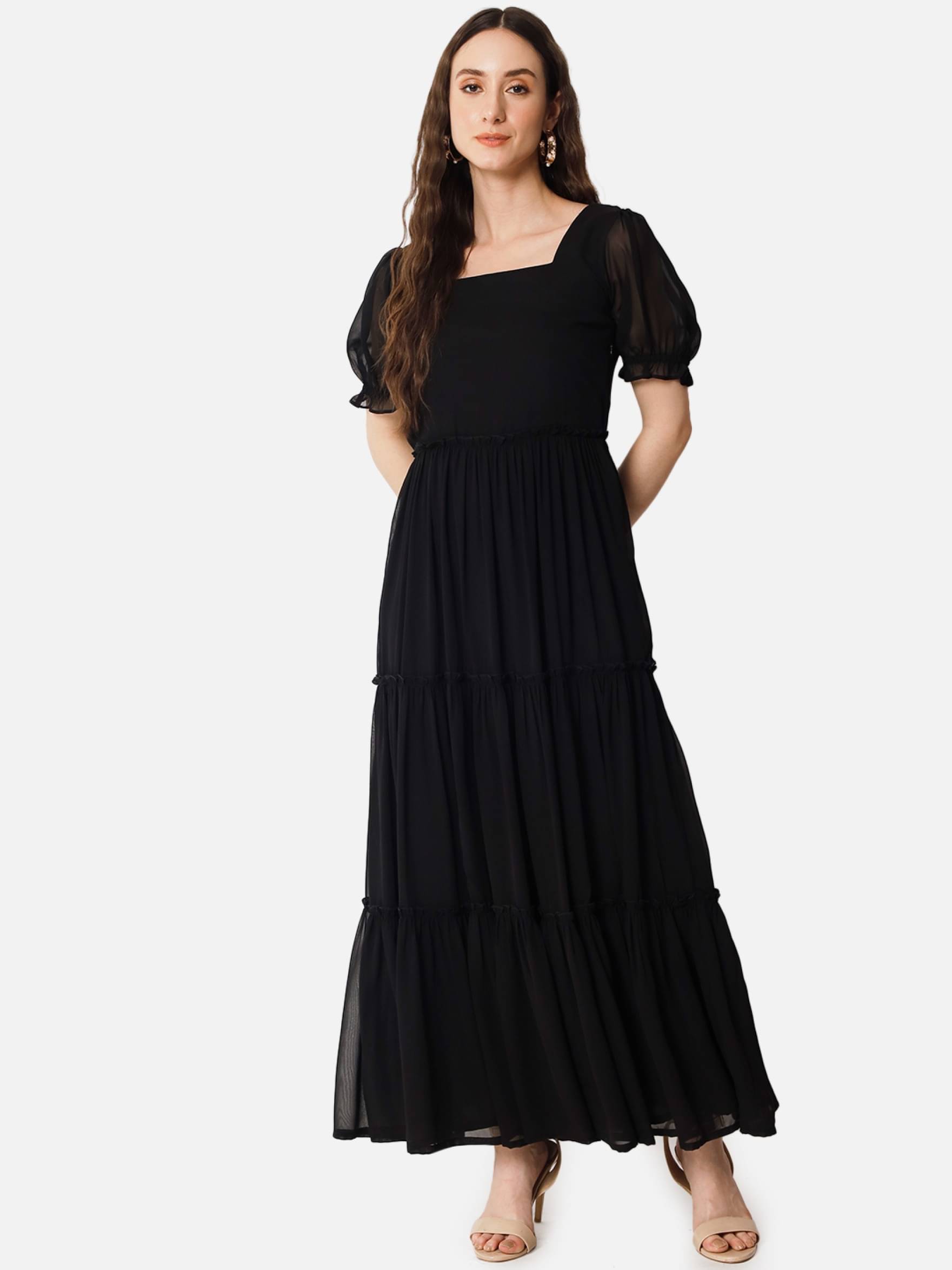 Raiyani enterprise Women's Georgette Solid Fit & Flare Dress ( Black ) Raiyani enterprise Women's Georgette Solid Fit & Flare Dress ( Black )