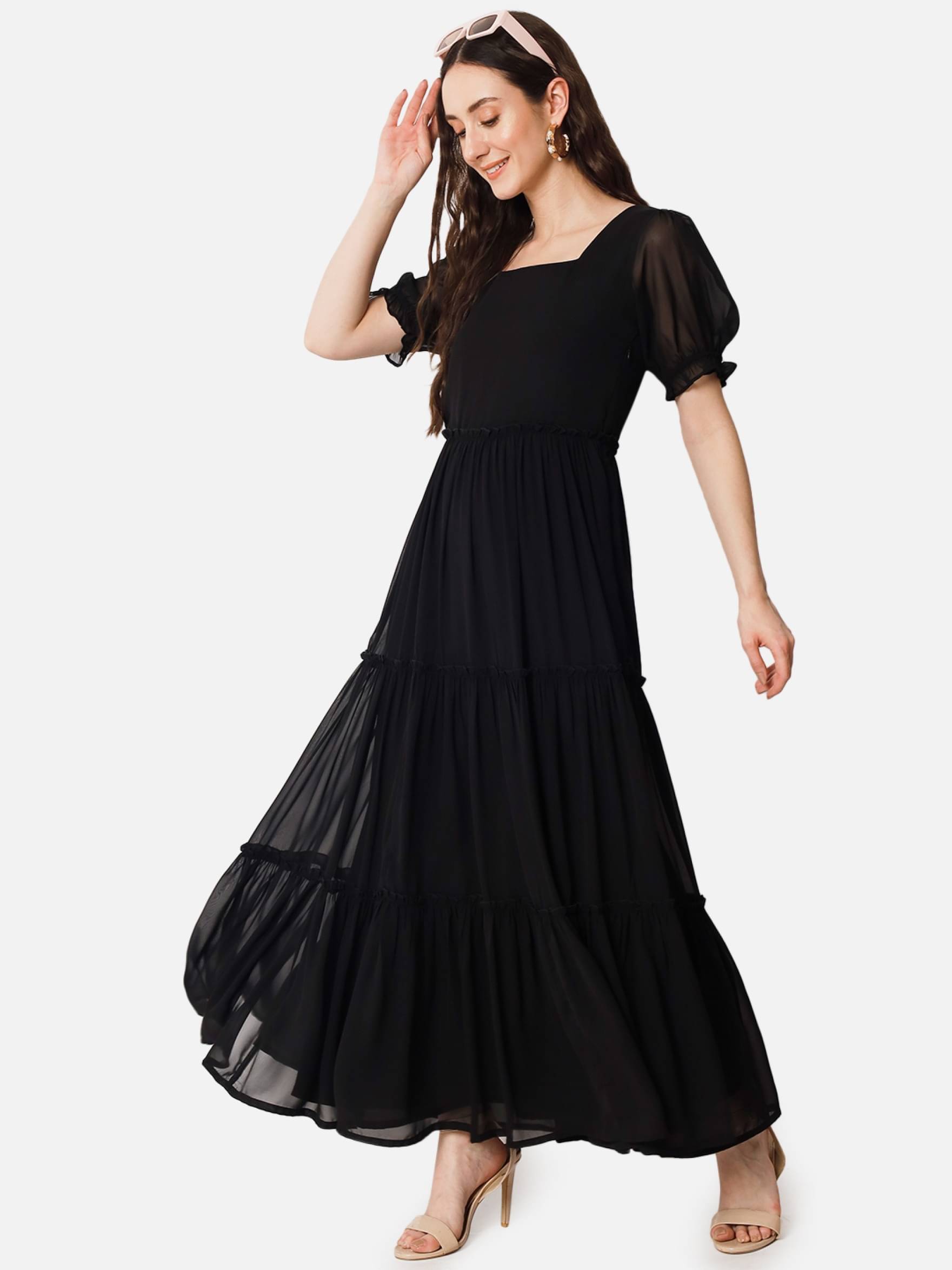     			Raiyani enterprise Women's Georgette Solid Fit & Flare Dress ( Black )