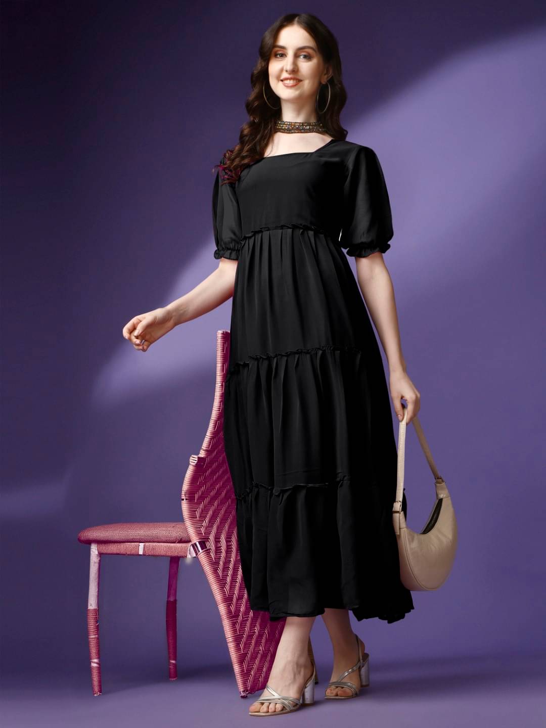 Raiyani enterprise Women's Georgette Solid Fit & Flare Dress ( Black ) Raiyani enterprise Women's Georgette Solid Fit & Flare Dress ( Black )