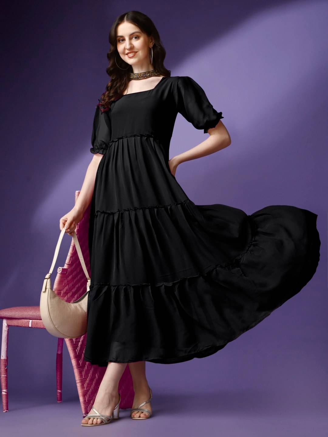     			Raiyani enterprise Women's Georgette Solid Fit & Flare Dress ( Black )