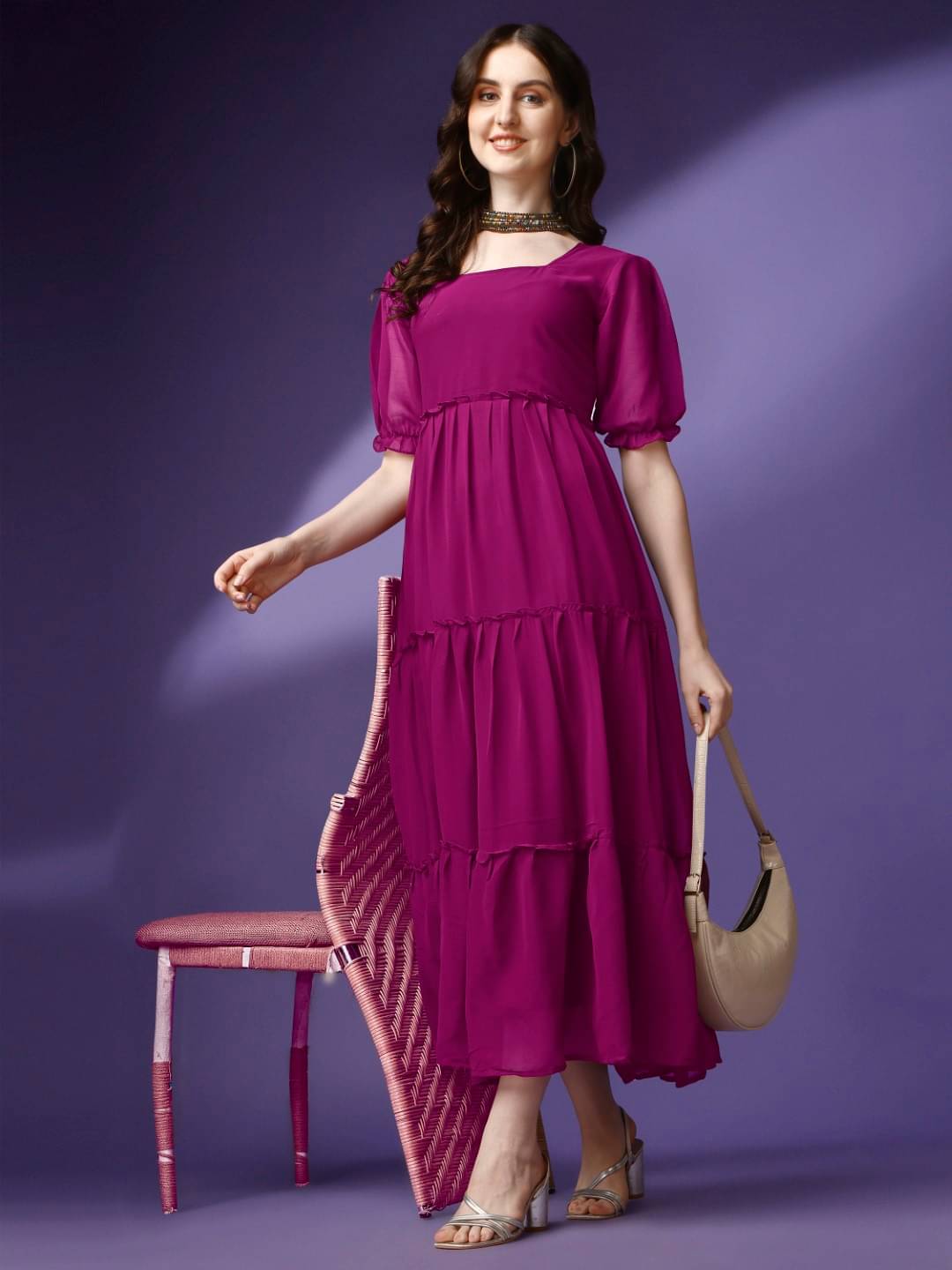     			Raiyani enterprise Women's Georgette Solid Fit & Flare Dress ( Purple )