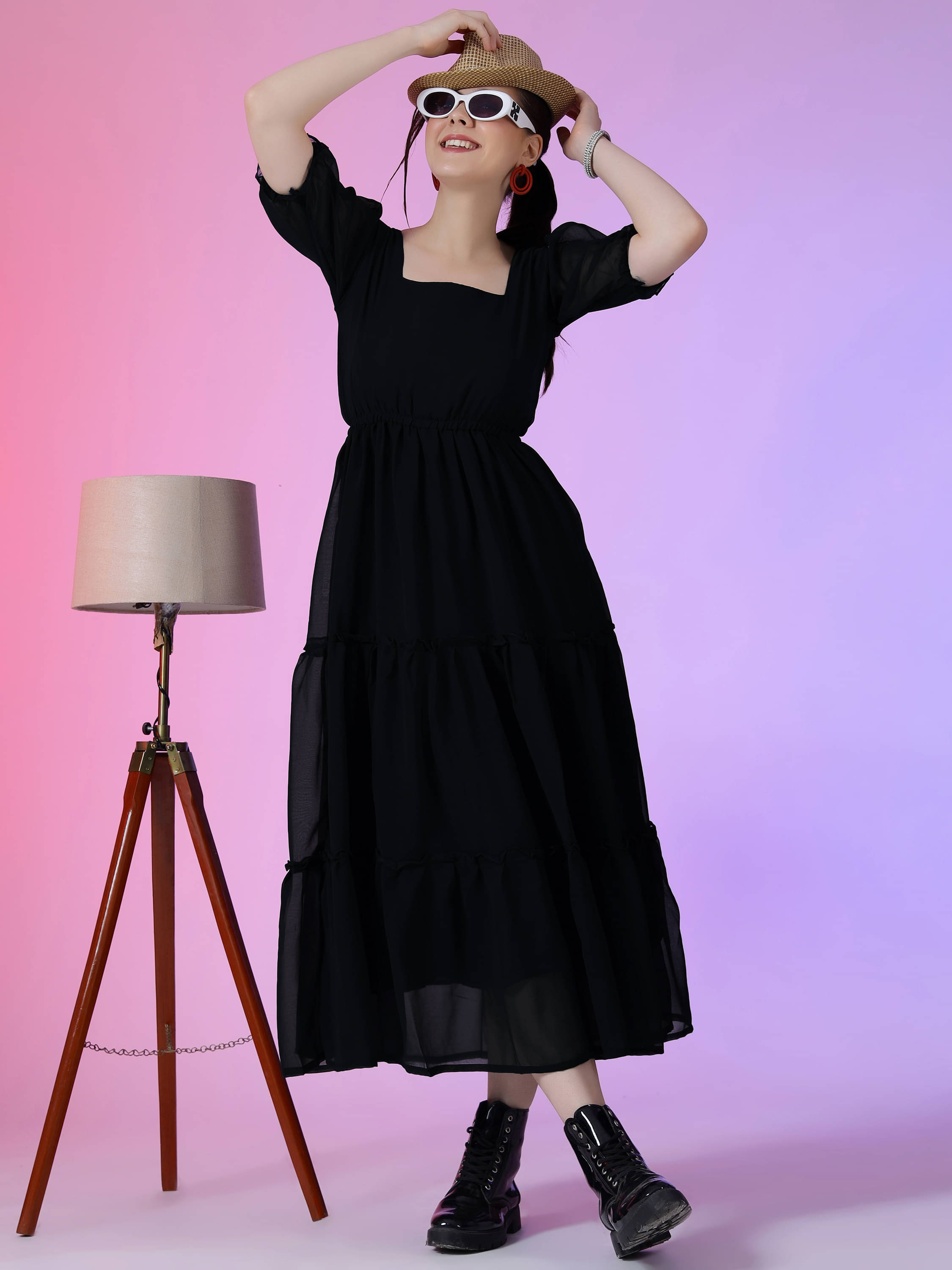     			Raiyani enterprise Women's Georgette Solid Fit & Flare Dress ( Black )