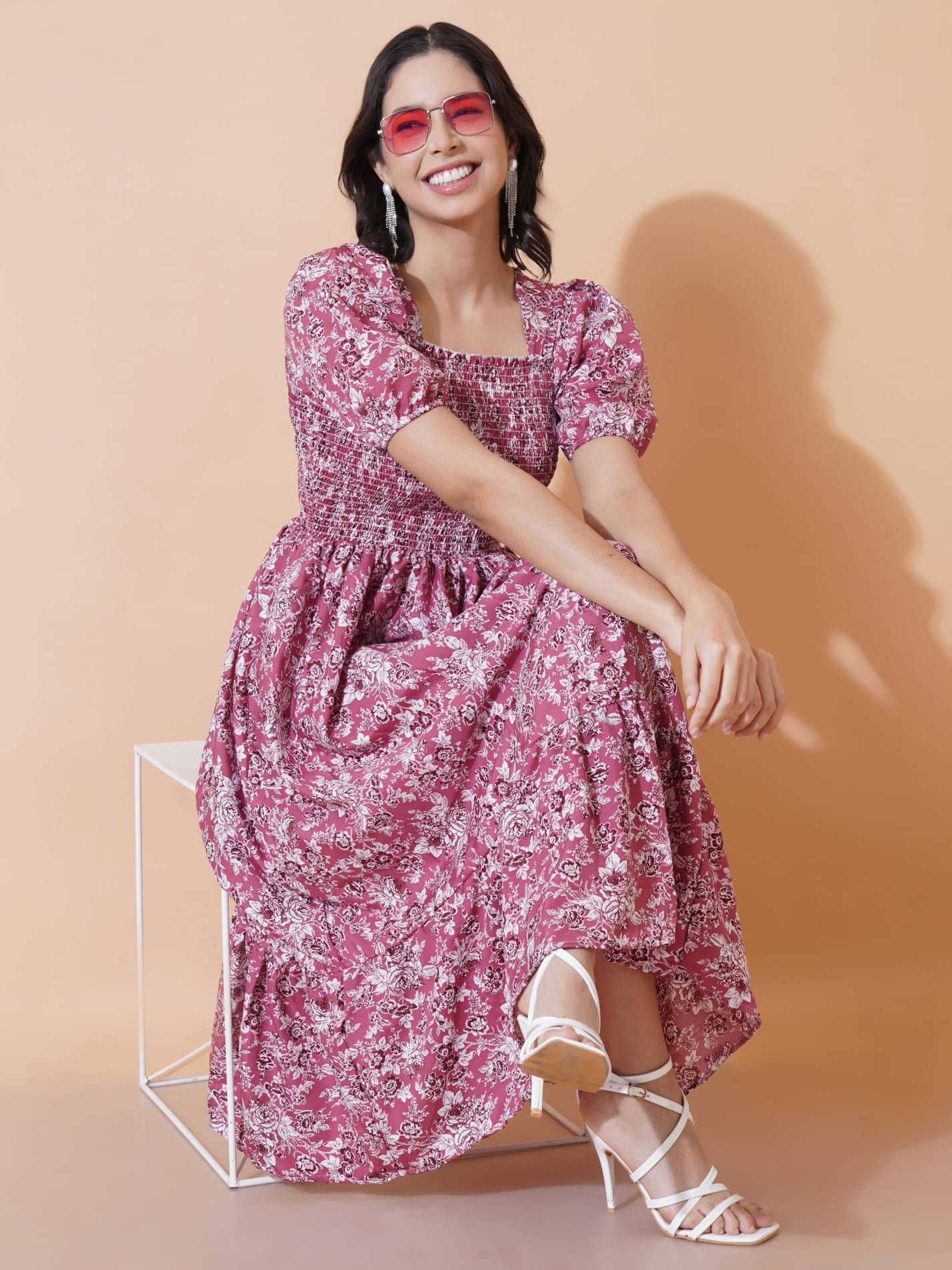 Raiyani enterprise Women's Polyester Printed Fit & Flare Dress ( Pink ) Raiyani enterprise Women's Polyester Printed Fit & Flare Dress ( Pink )