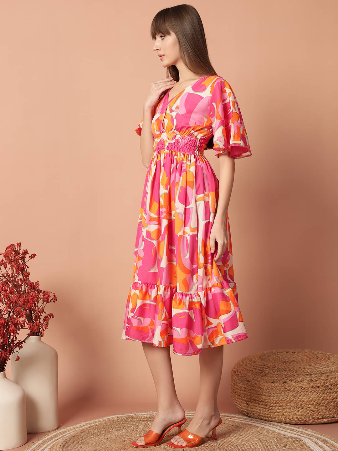     			Raiyani enterprise Women's Polyester Printed Fit & Flare Dress ( Orange )