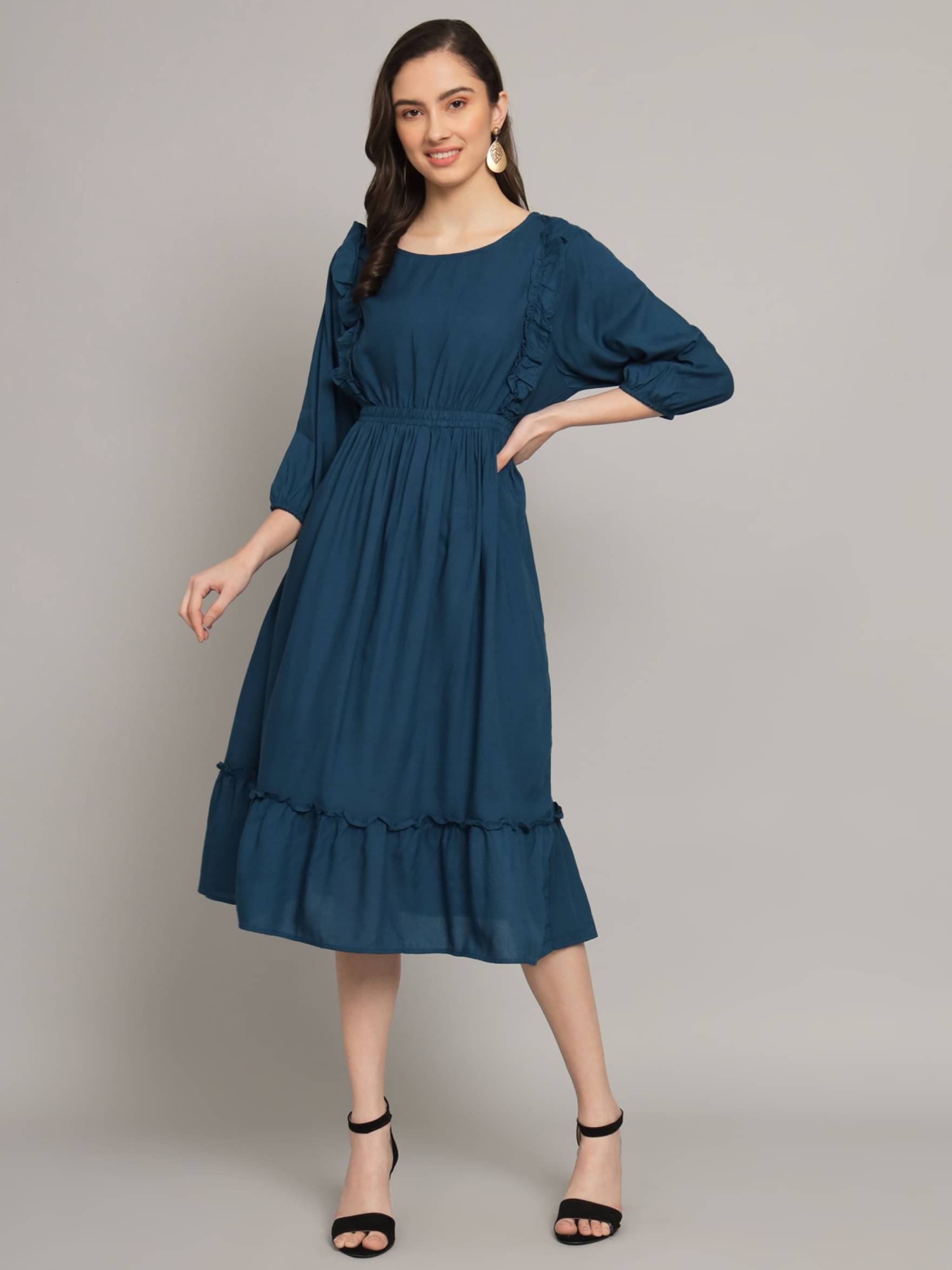    			Raiyani enterprise Women's Polyester Solid Fit & Flare Dress ( Blue )