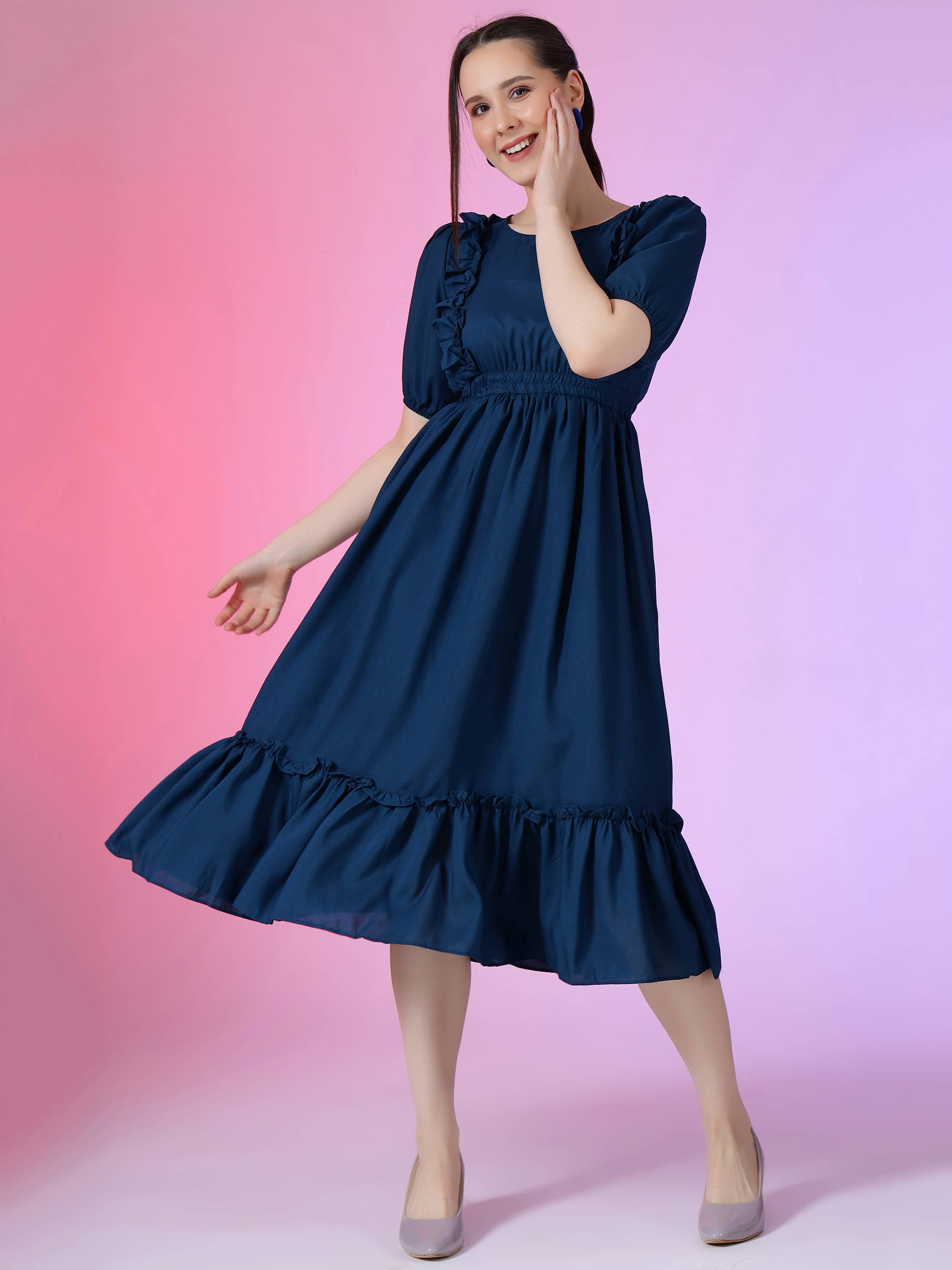 Raiyani enterprise Women's Polyester Solid Fit & Flare Dress ( Blue ) Raiyani enterprise Women's Polyester Solid Fit & Flare Dress ( Blue )