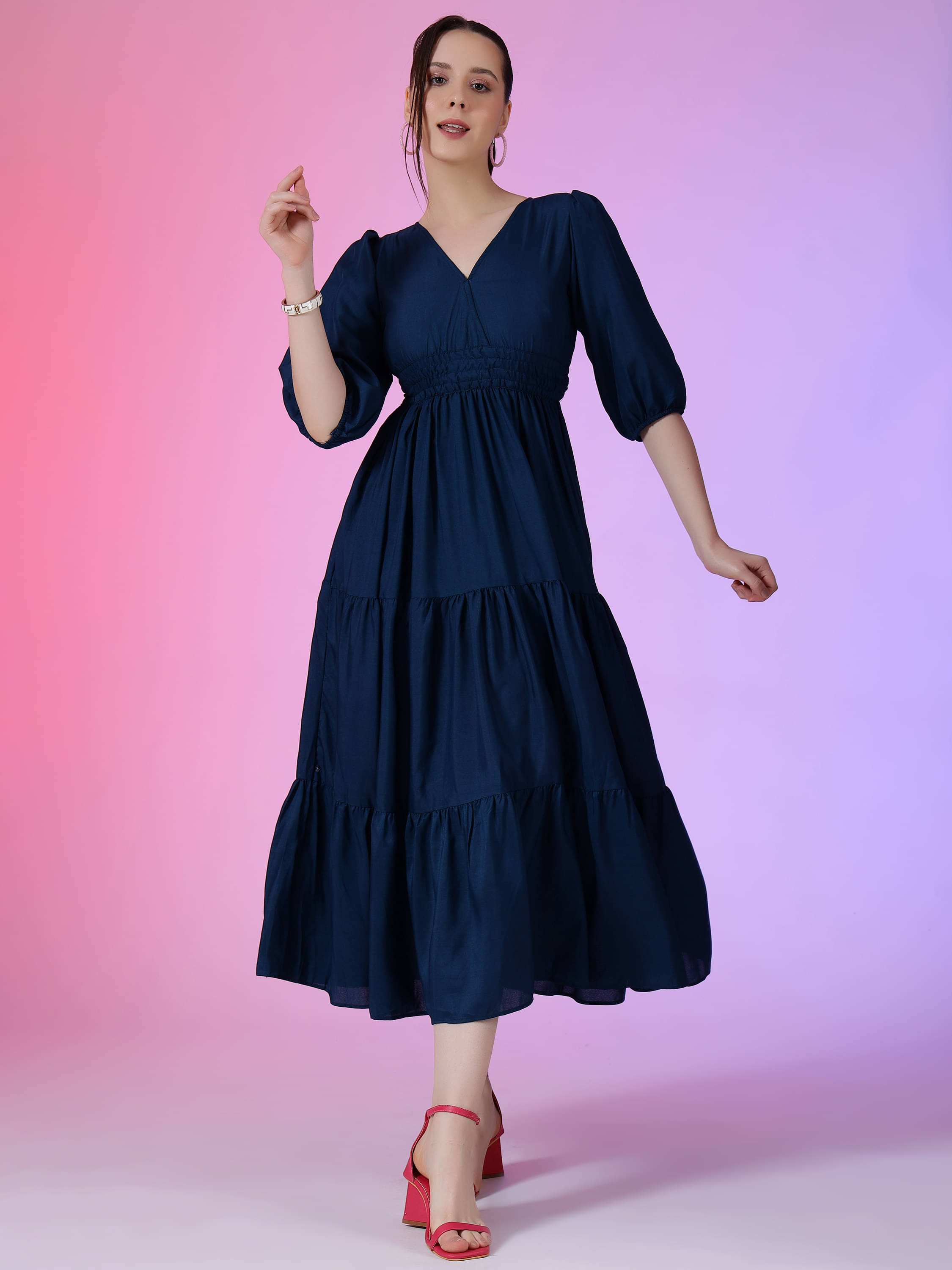     			Raiyani enterprise Women's Polyester Printed Fit & Flare Dress ( Blue )