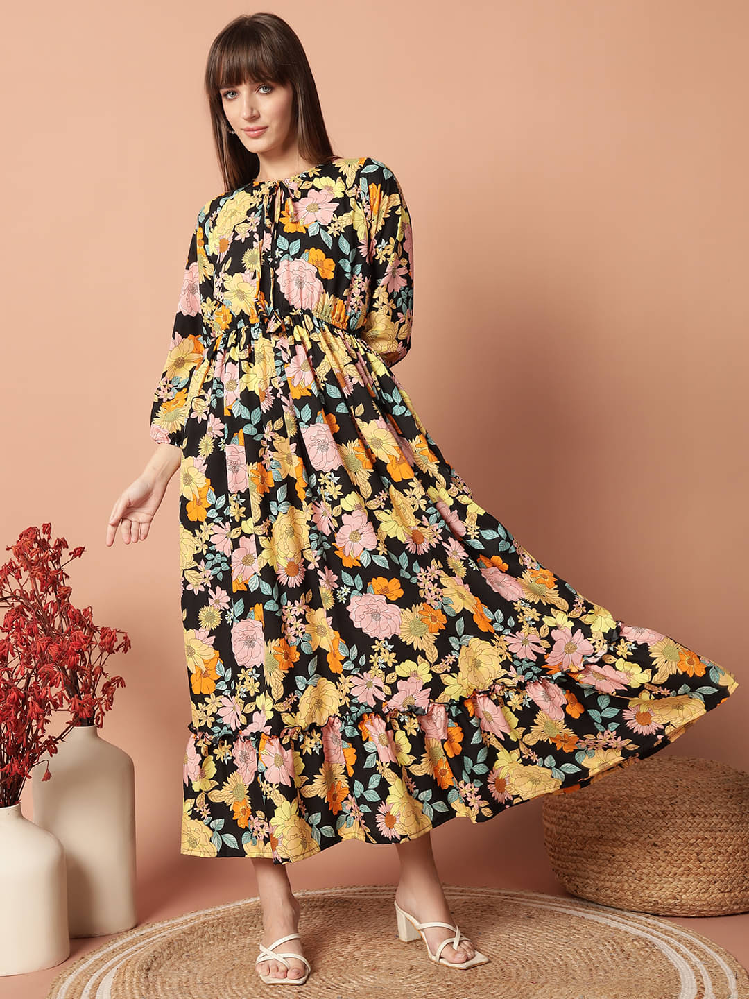 Raiyani enterprise Women's Polyester Printed Fit & Flare Dress ( Yellow )     			Raiyani enterprise Women's Polyester Printed Fit & Flare Dress ( Yellow )