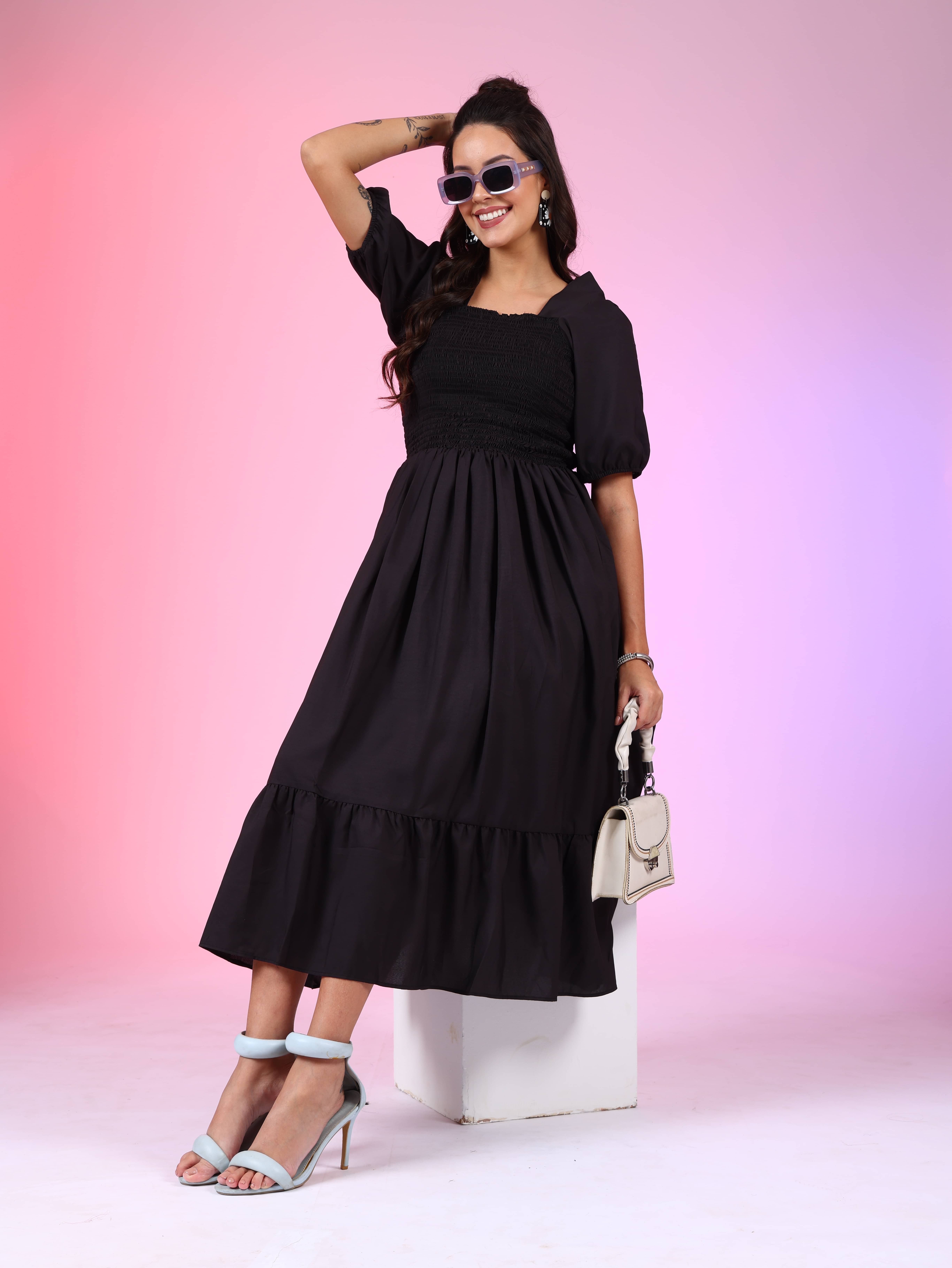 Raiyani enterprise Women's Polyester Solid Fit & Flare Dress ( Black ) Raiyani enterprise Women's Polyester Solid Fit & Flare Dress ( Black )
