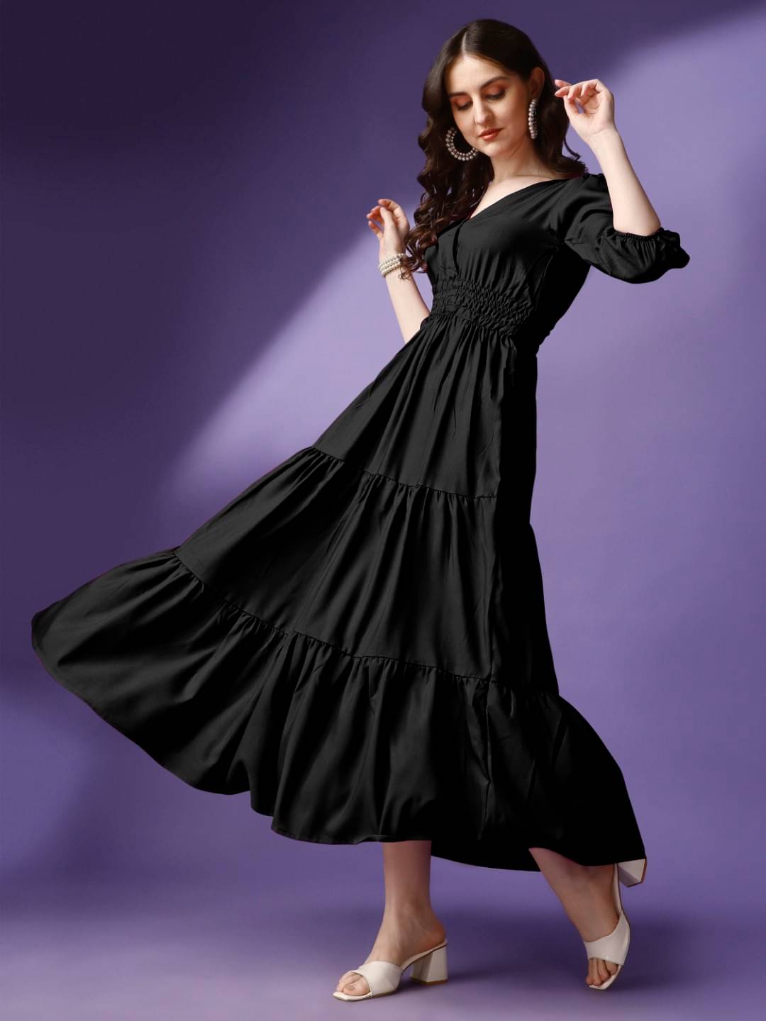     			Raiyani enterprise Women's Polyester Printed Fit & Flare Dress ( Black )