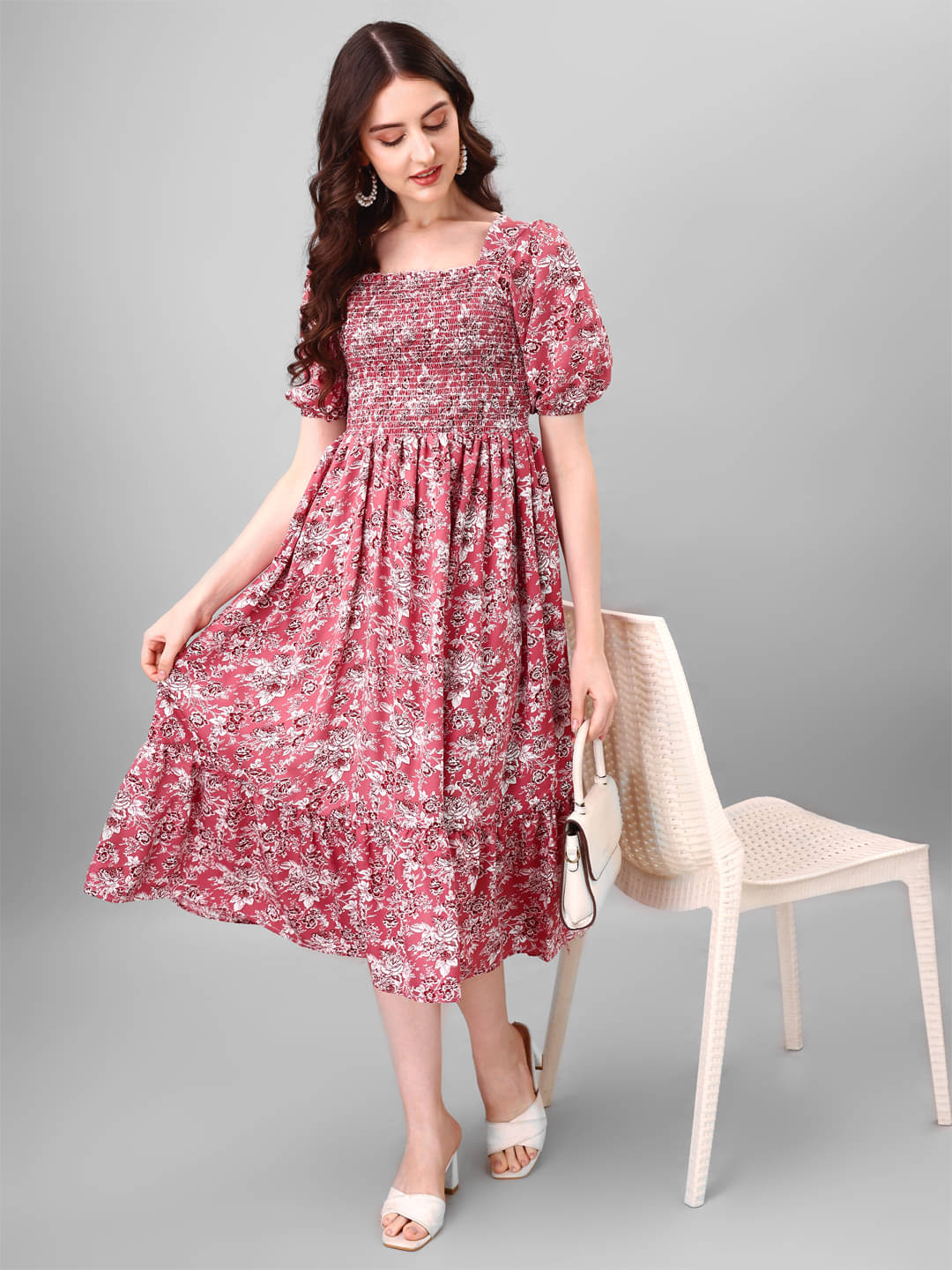 Raiyani enterprise Women's Polyester Printed Fit & Flare Dress ( Pink ) Raiyani enterprise Women's Polyester Printed Fit & Flare Dress ( Pink )