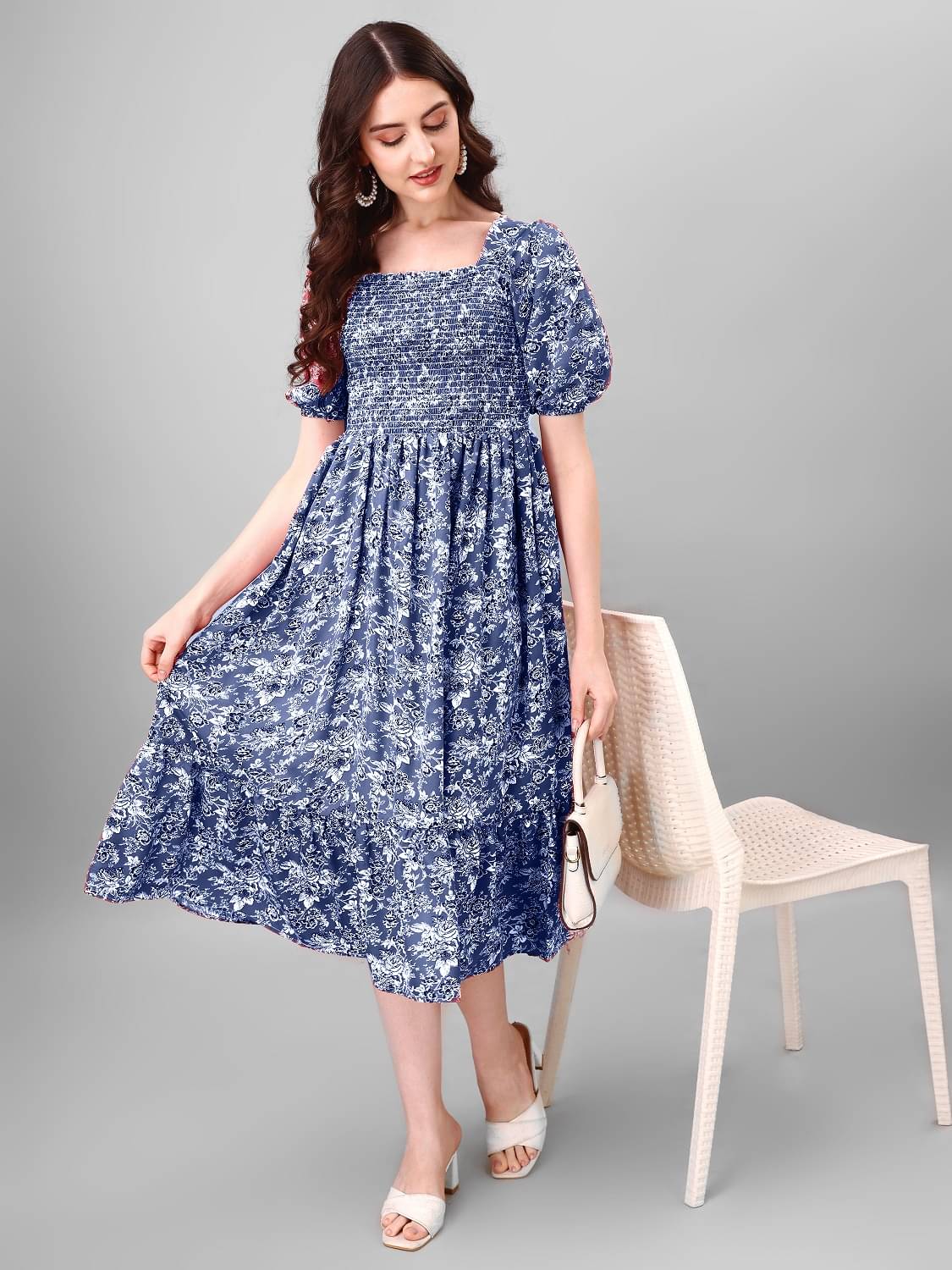     			Raiyani enterprise Women's Polyester Printed Fit & Flare Dress ( Blue )